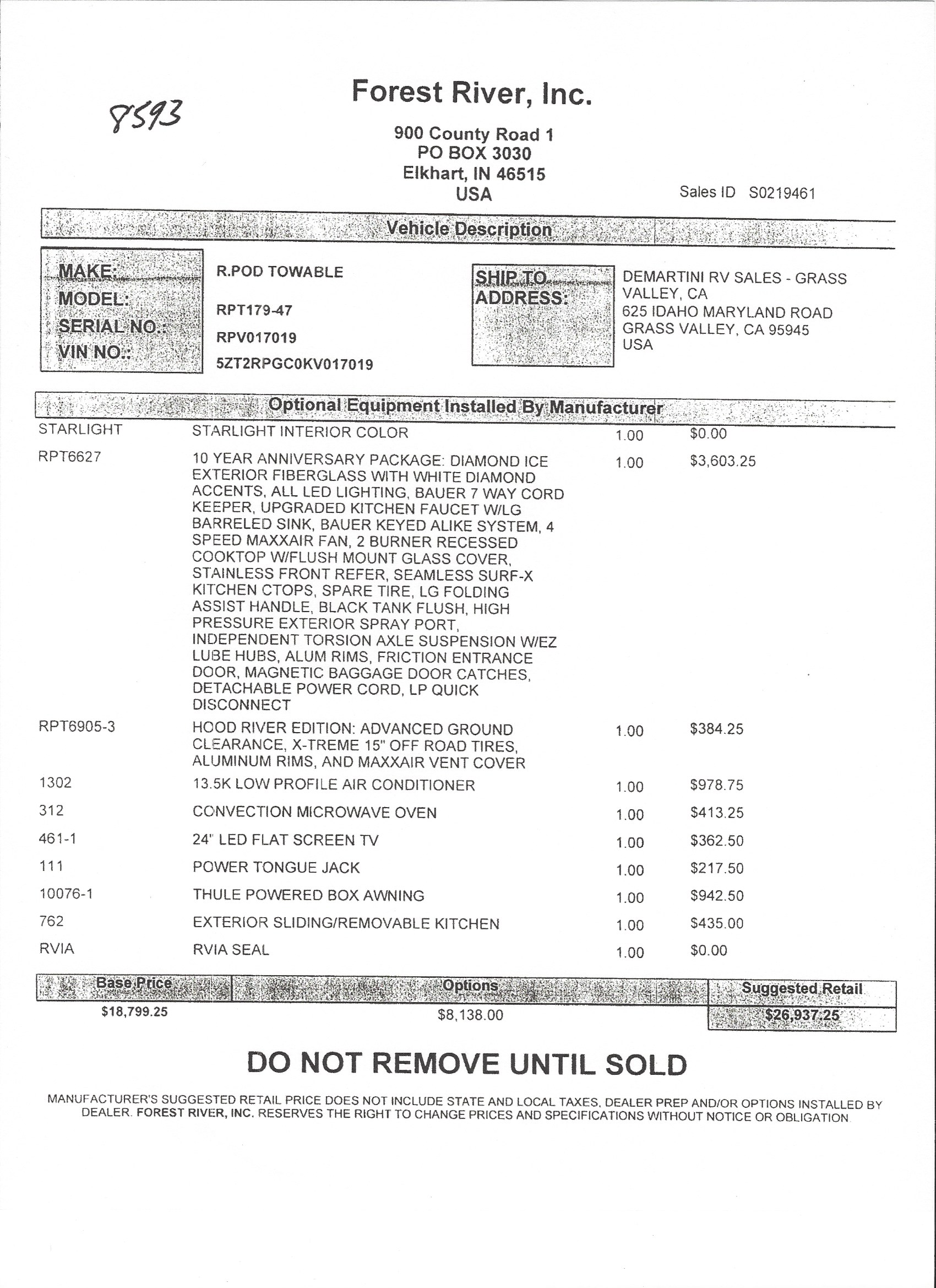 2019 Forest River R-Pod 179 MSRP Sheet