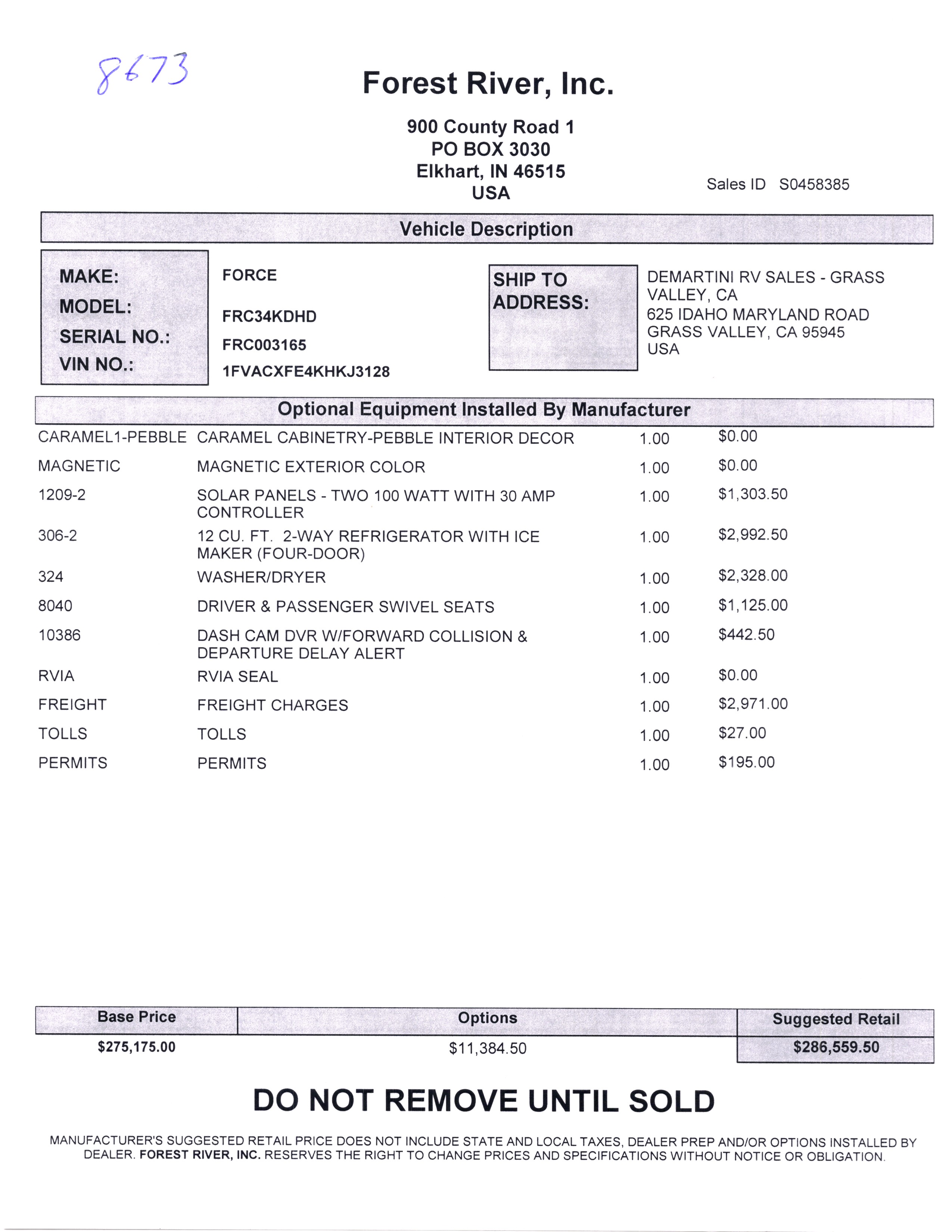 2019 Dynamax Force HD 34KD MSRP Sheet