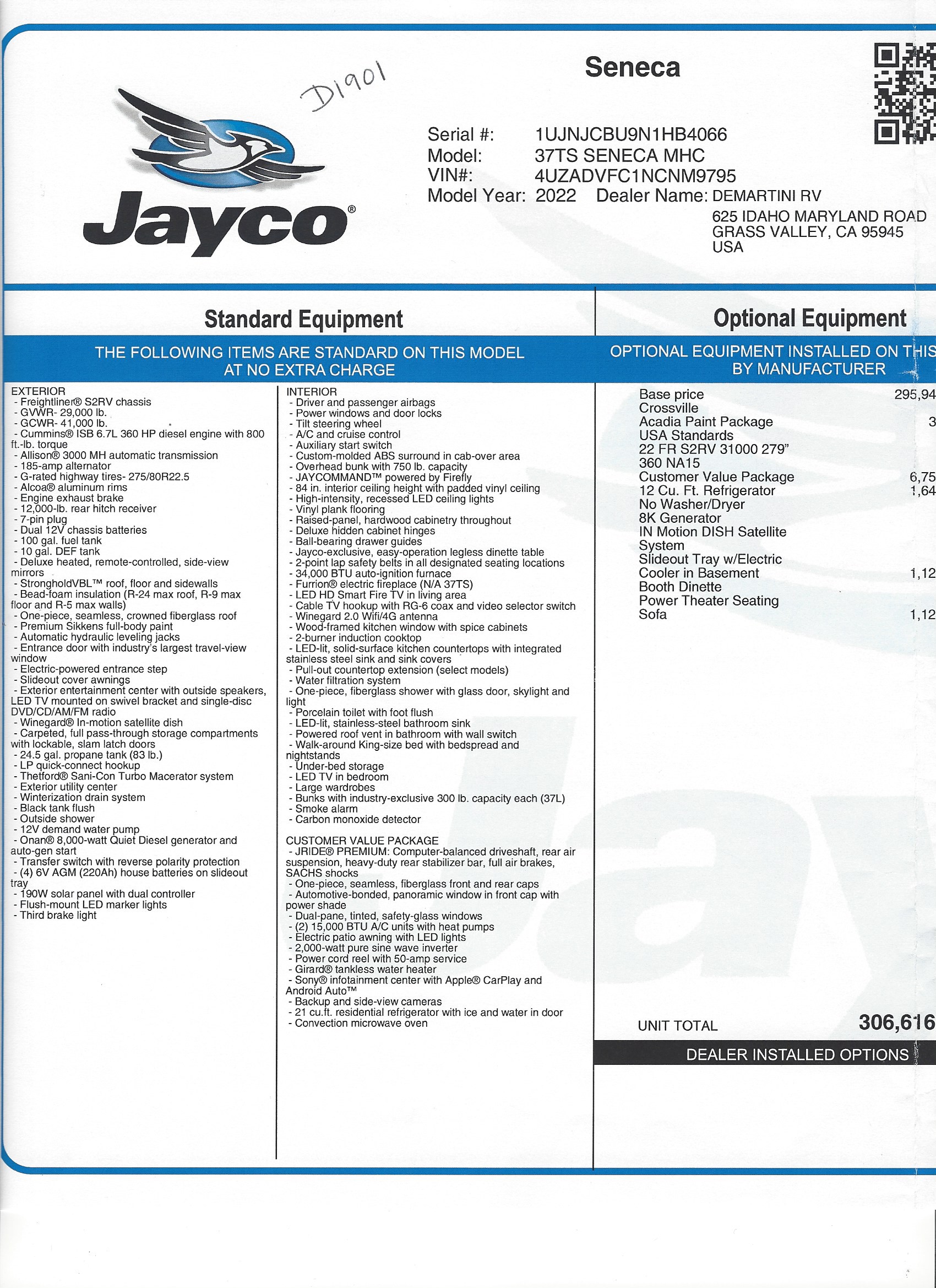 2022 Jayco Seneca 37TS MSRP Sheet