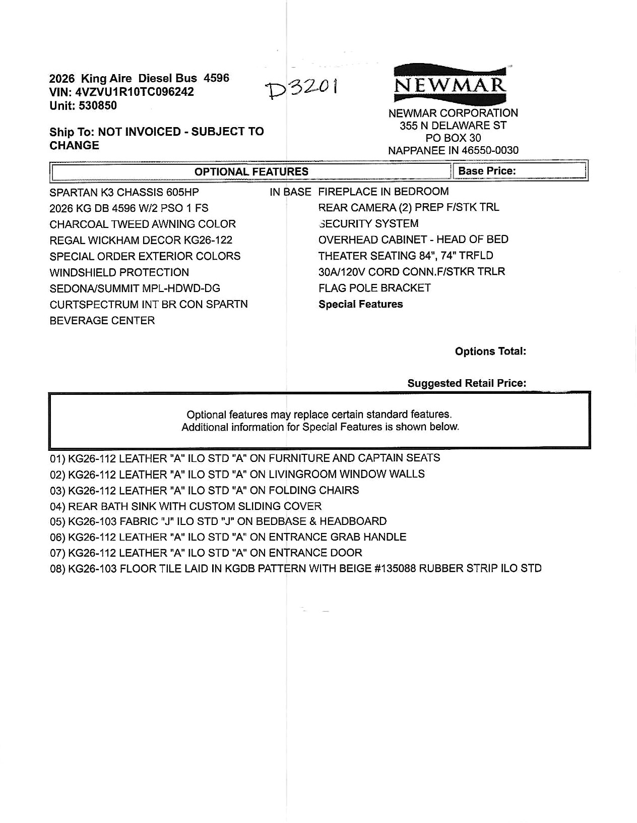 2026 Newmar King Aire 4596 MSRP Sheet