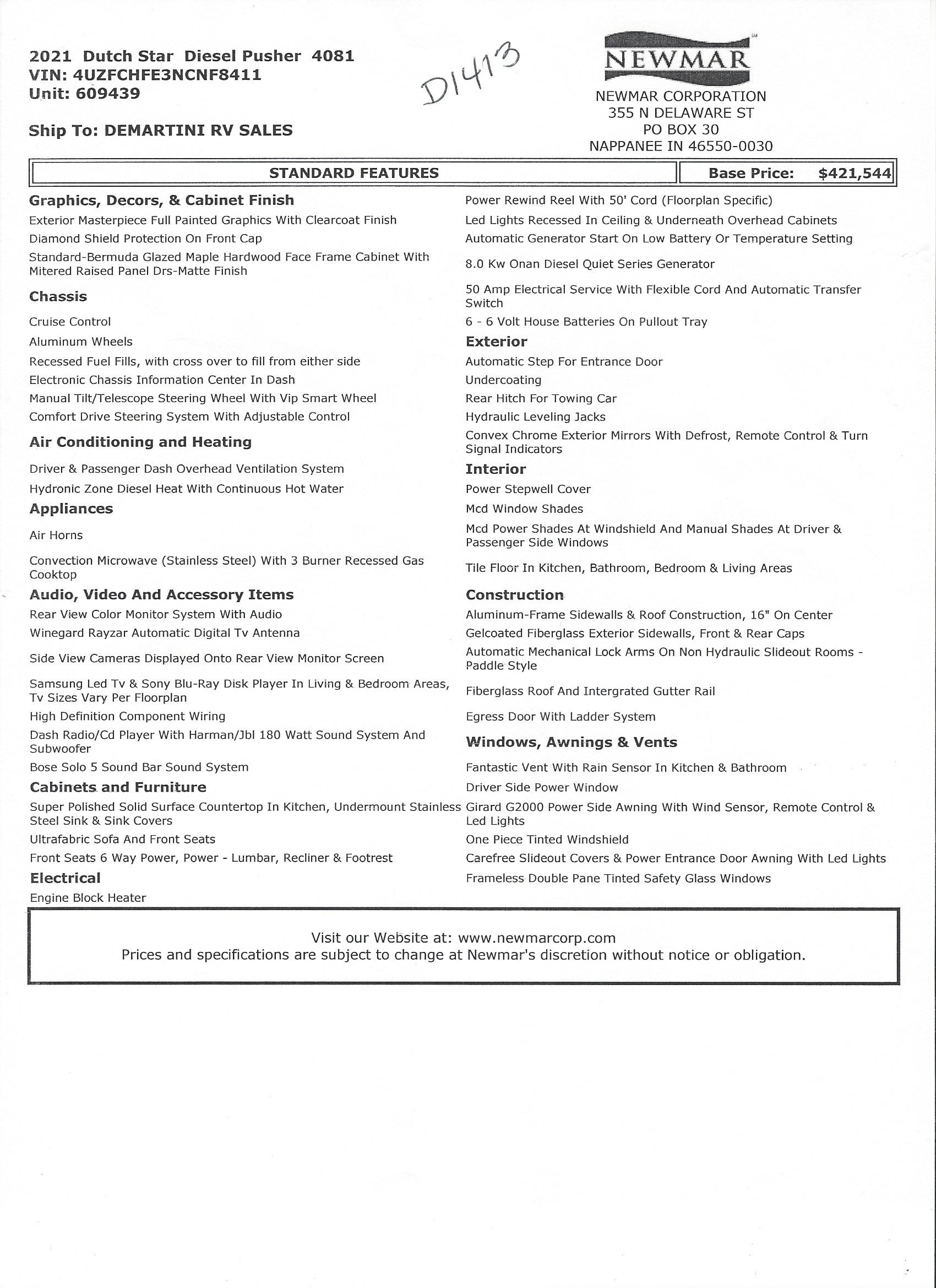 2021 Newmar Dutch Star 4081 MSRP Sheet