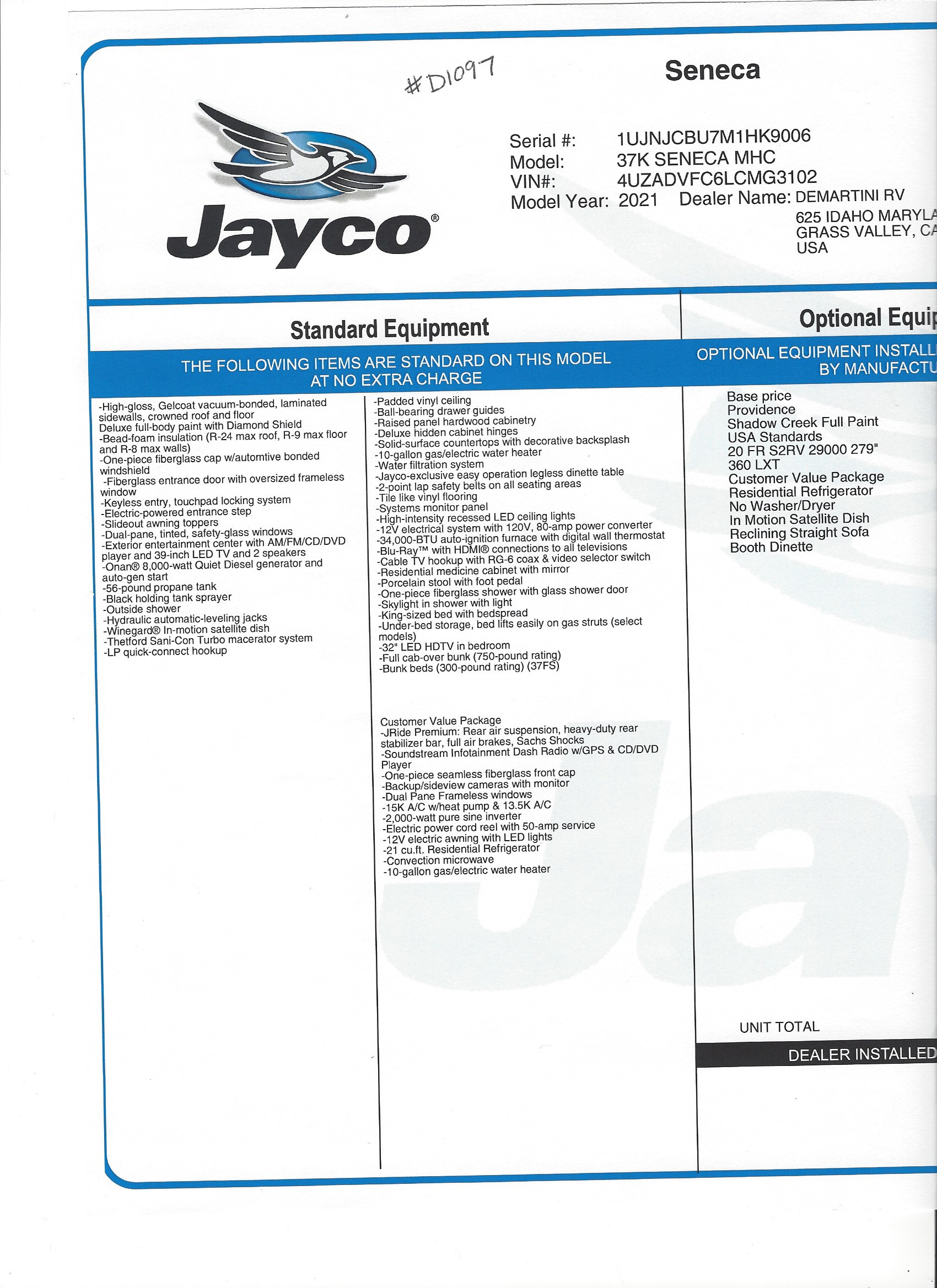 2021 Jayco Seneca 37K MSRP Sheet