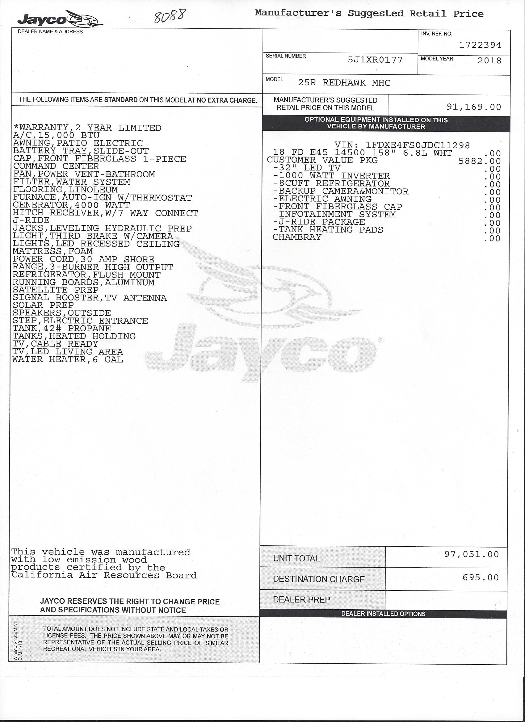 2018 Jayco Redhawk 25R MSRP Sheet