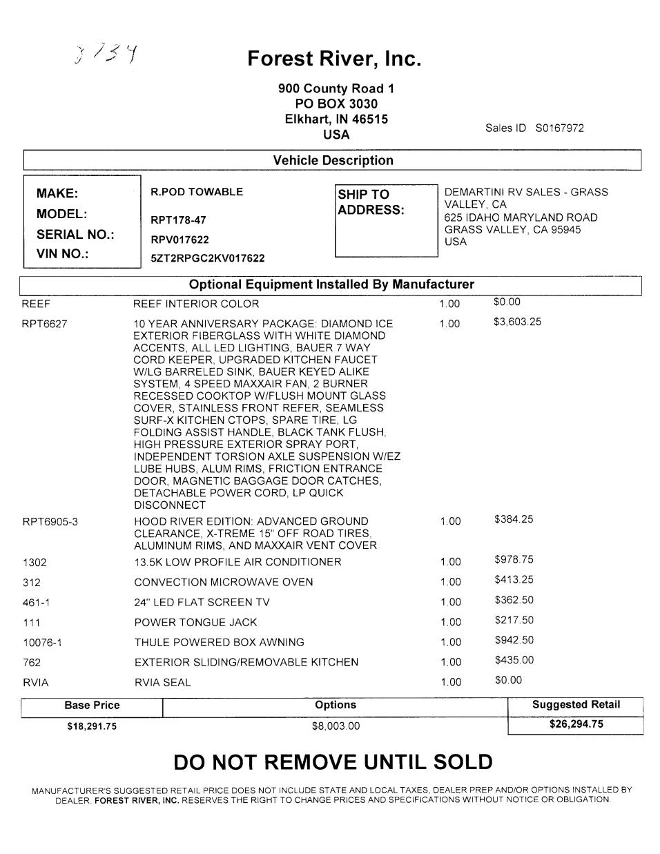 2019 Forest River R-Pod 178 MSRP Sheet