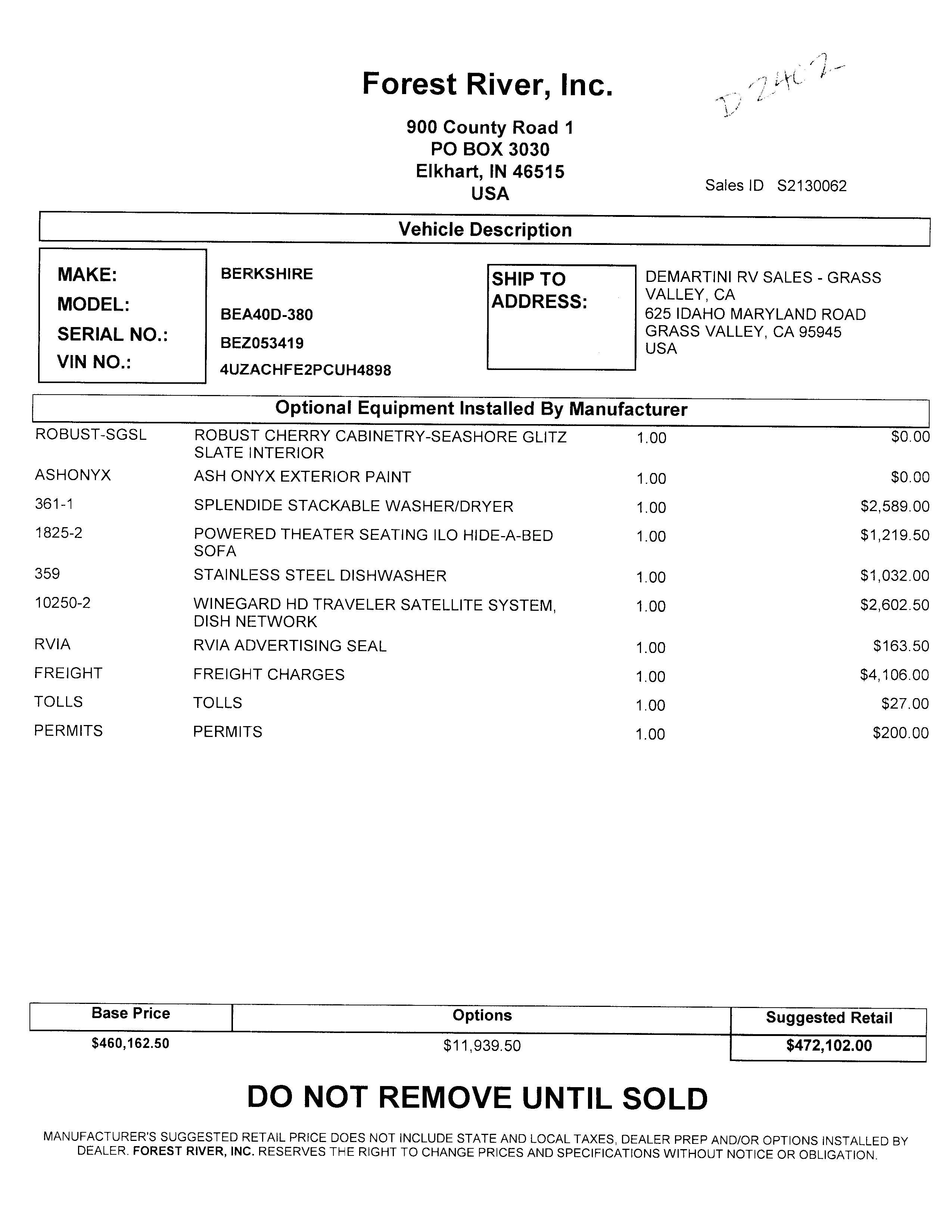 2023 Forest River Berkshire XL 40D MSRP Sheet