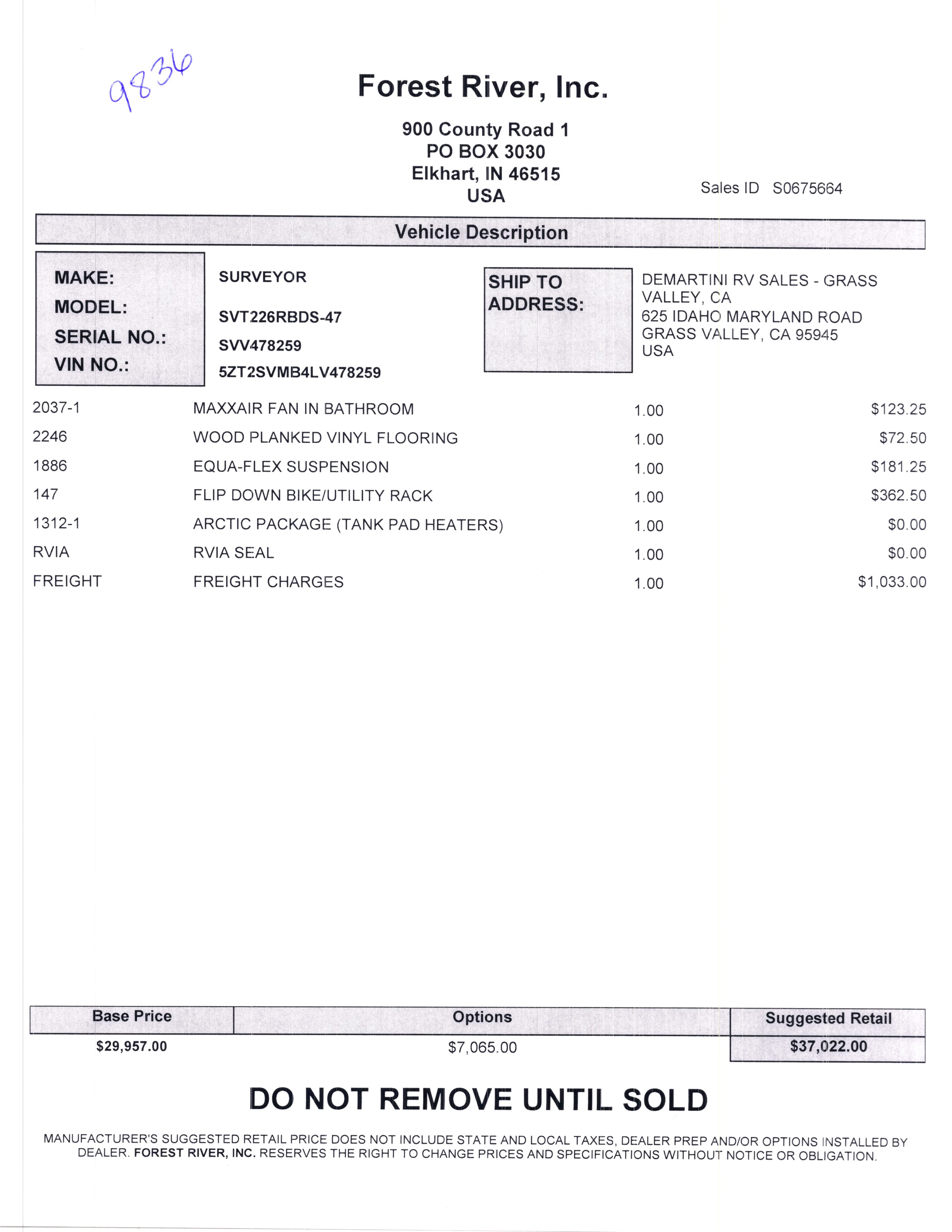 2020 Forest River Surveyor Luxury 226RBDS MSRP Sheet