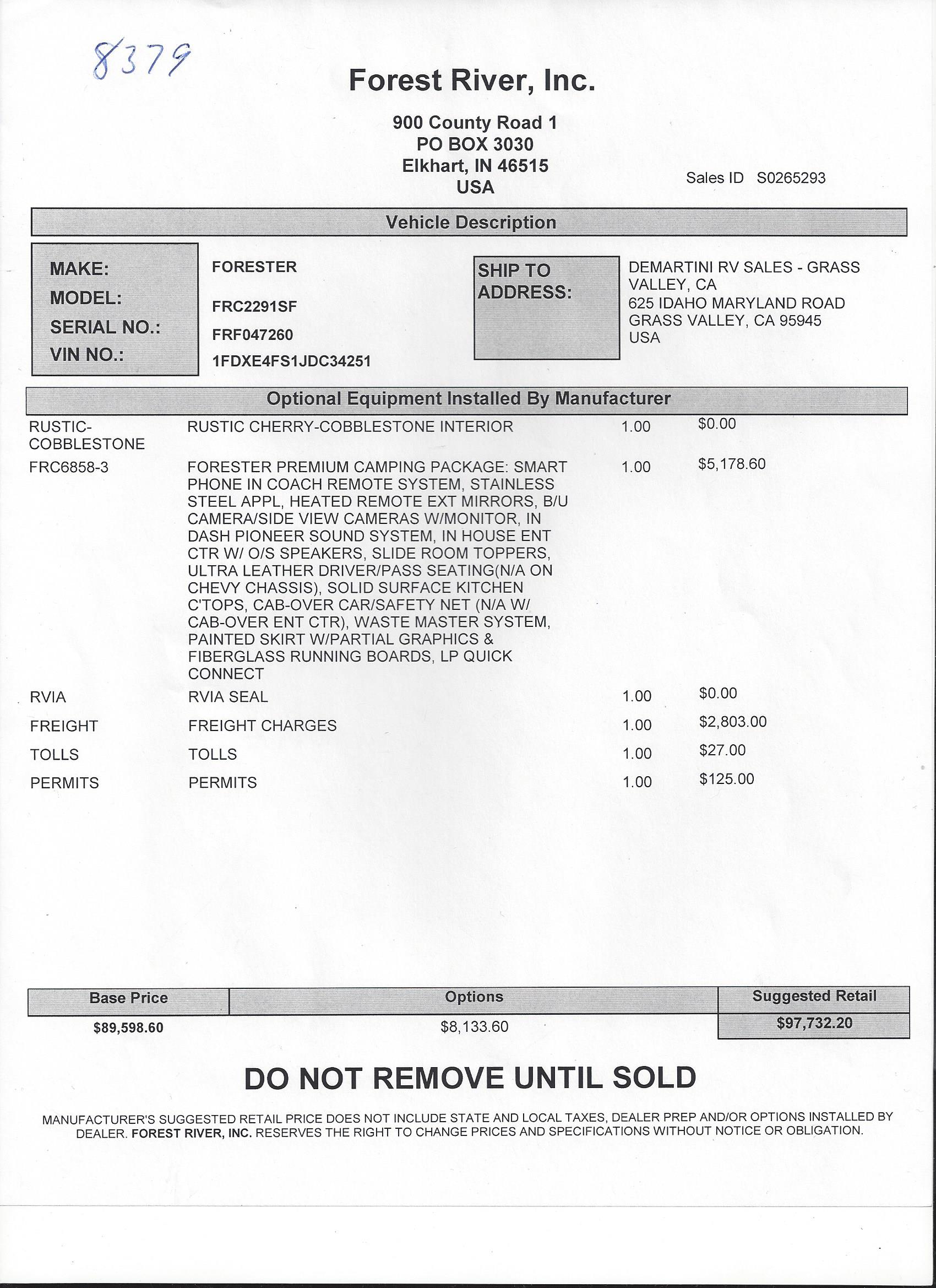 2019 Forest River Forester 2291S MSRP Sheet