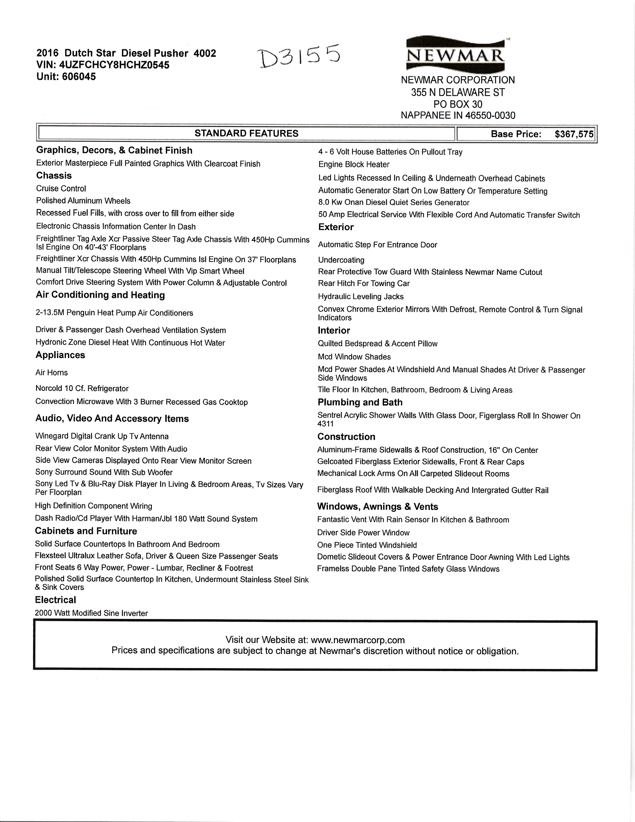2016 Newmar Dutch Star 4002 MSRP Sheet