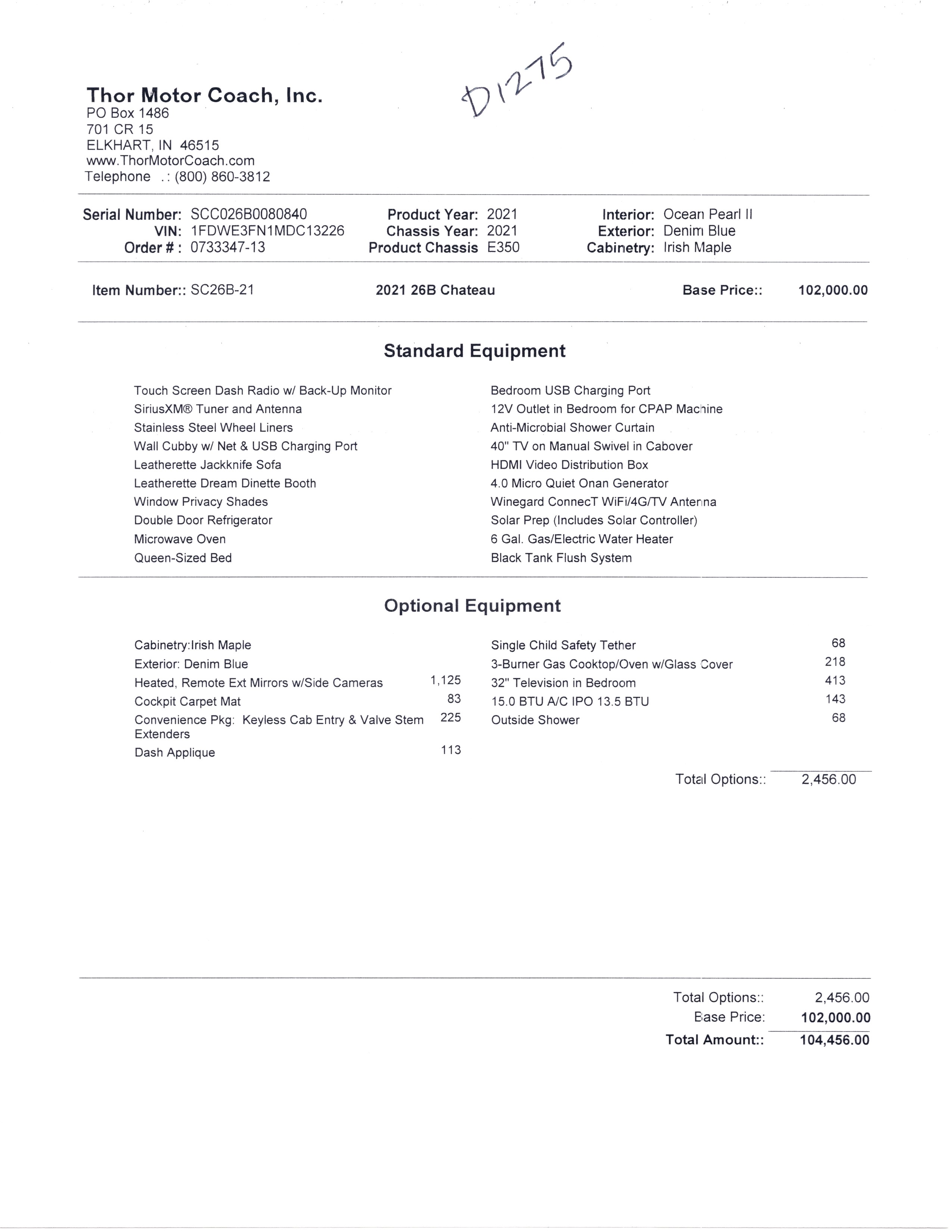 2021 Thor Chateau 26B MSRP Sheet