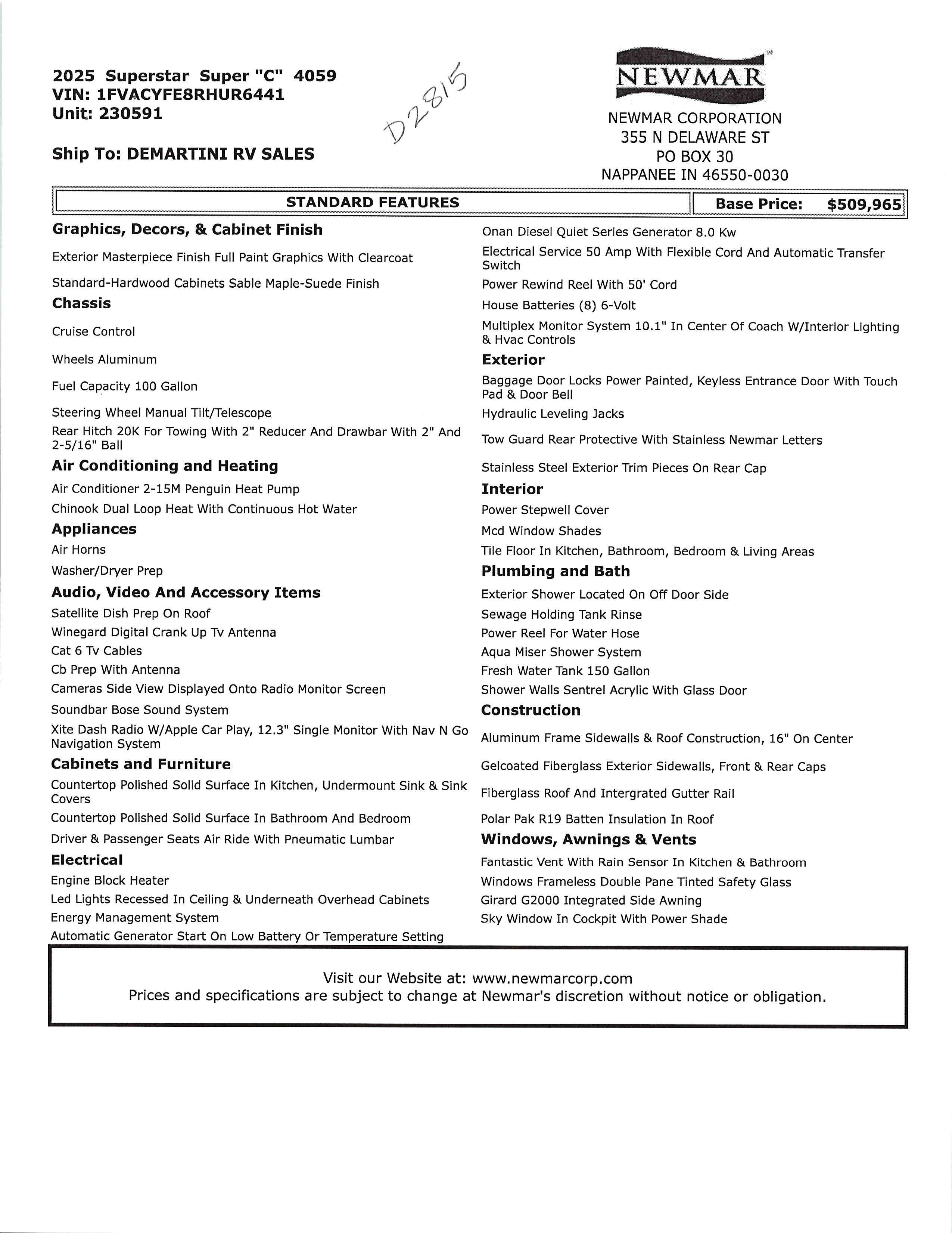 2025 Newmar Super Star 4059 MSRP Sheet