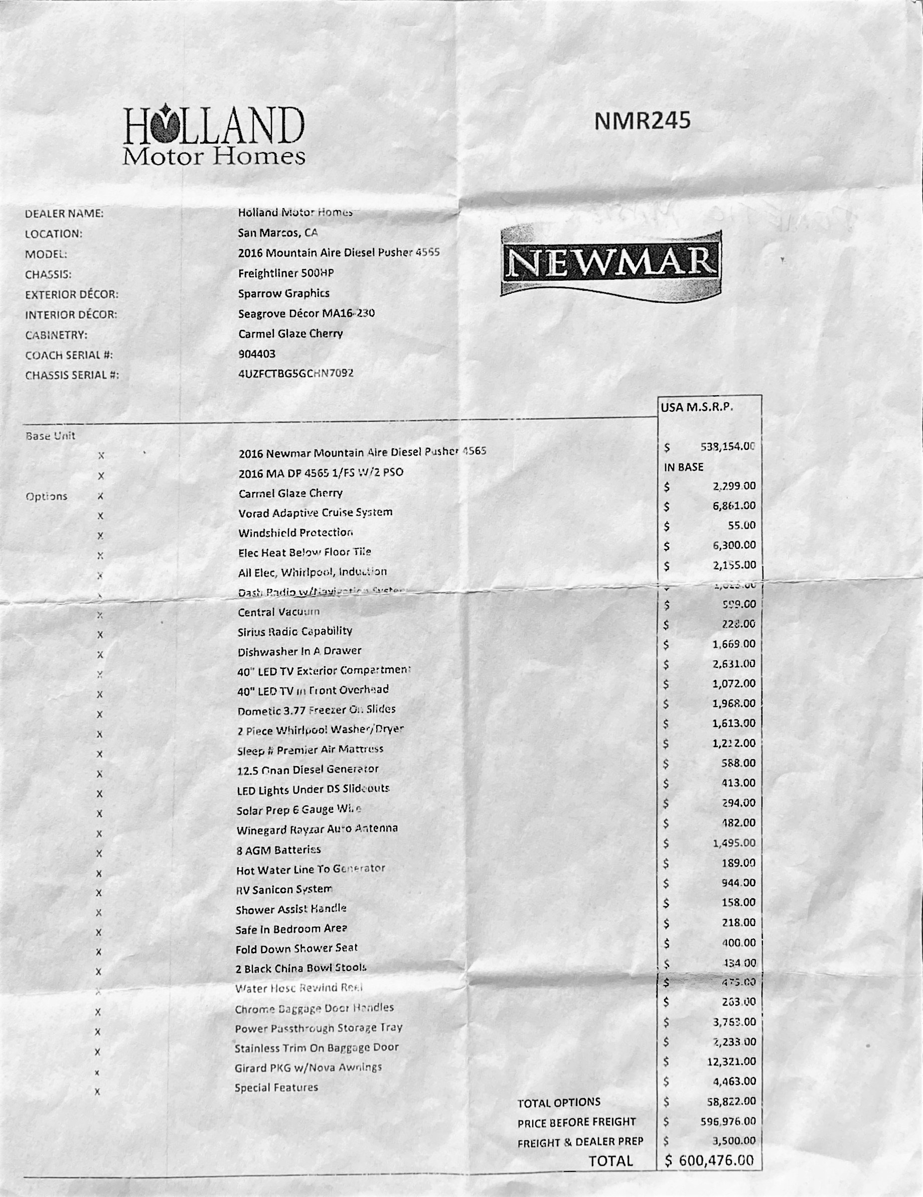 2016 Newmar Mountain Aire 4565 MSRP Sheet