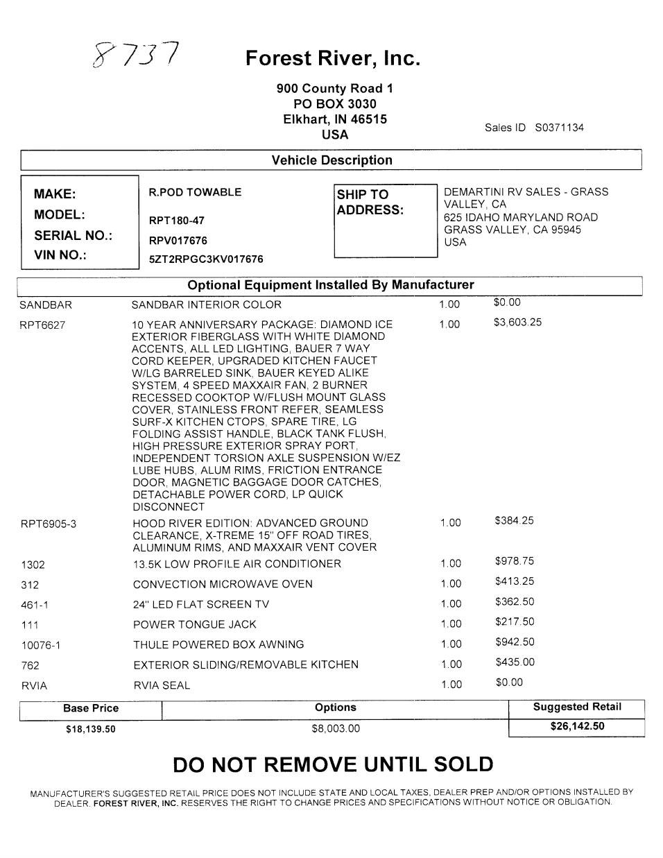 2019 Forest River R-Pod 180 MSRP Sheet