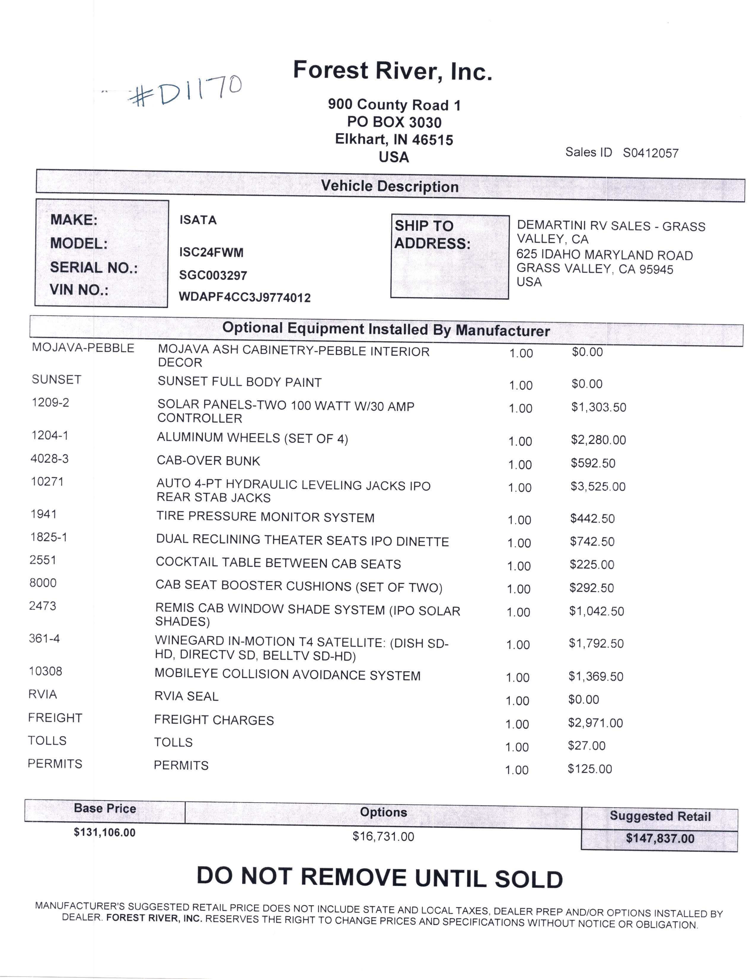 2020 Dynamax Isata 3 24FW MSRP Sheet