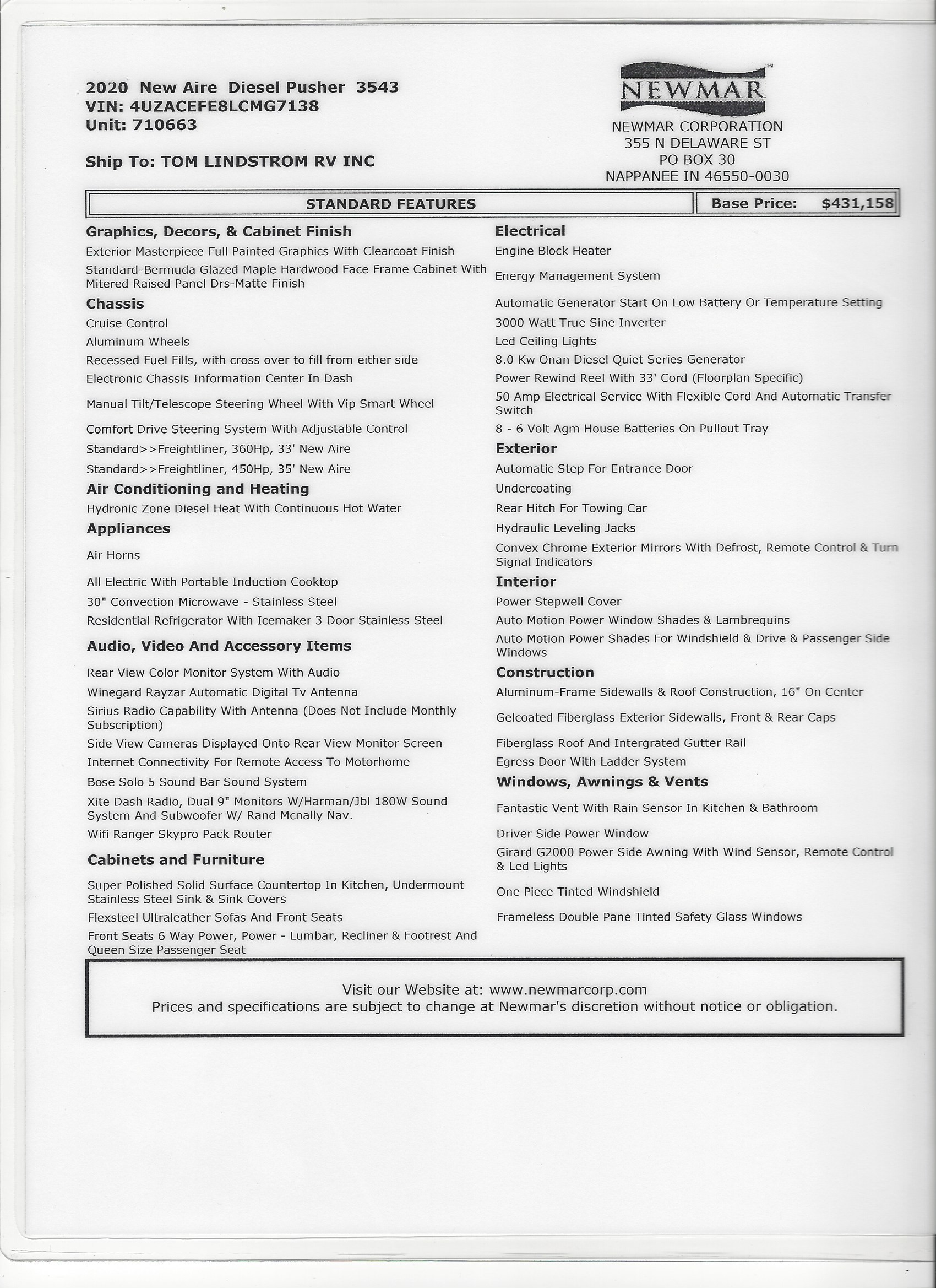 2020 Newmar New Aire 3543 MSRP Sheet