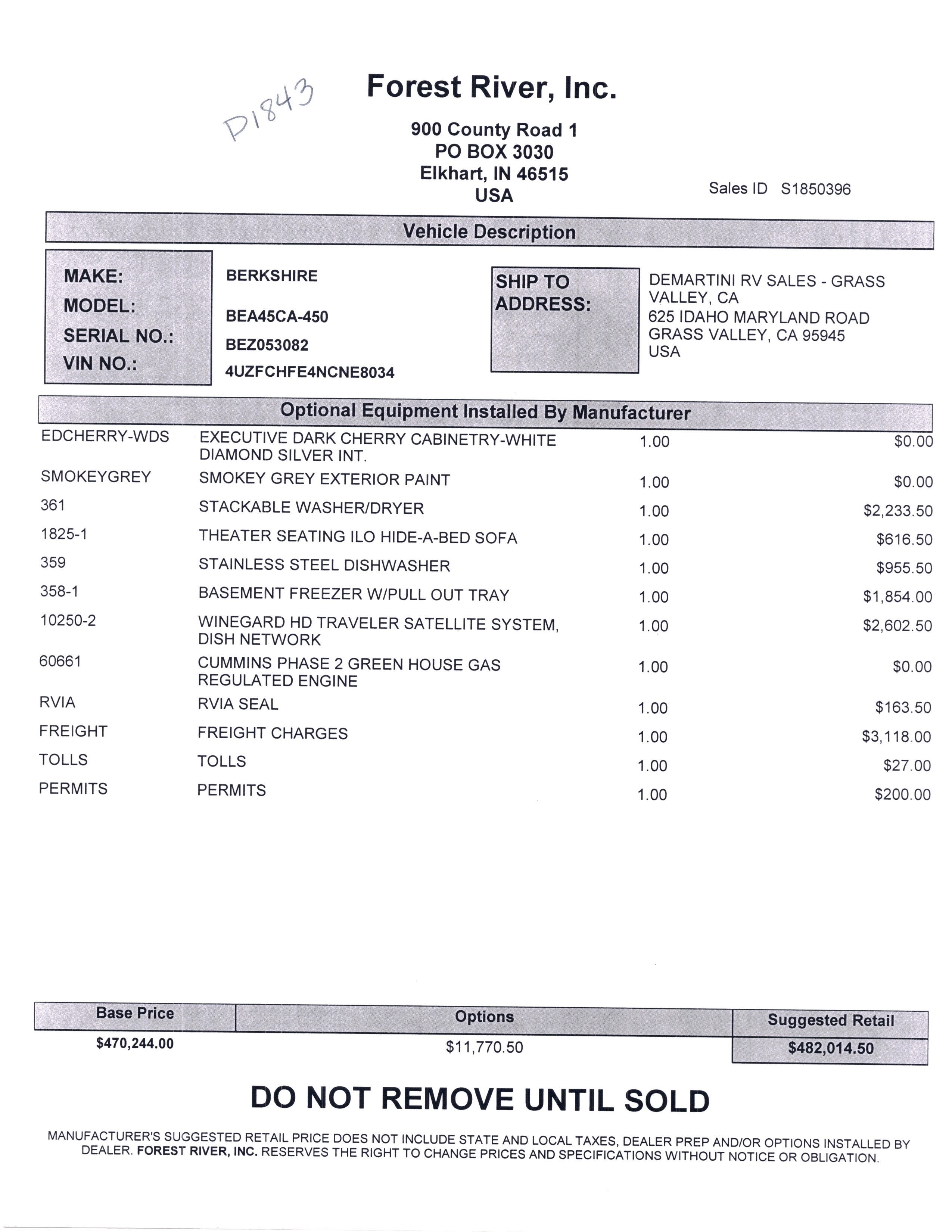 2021 Forest River Berkshire XLT 45CA MSRP Sheet