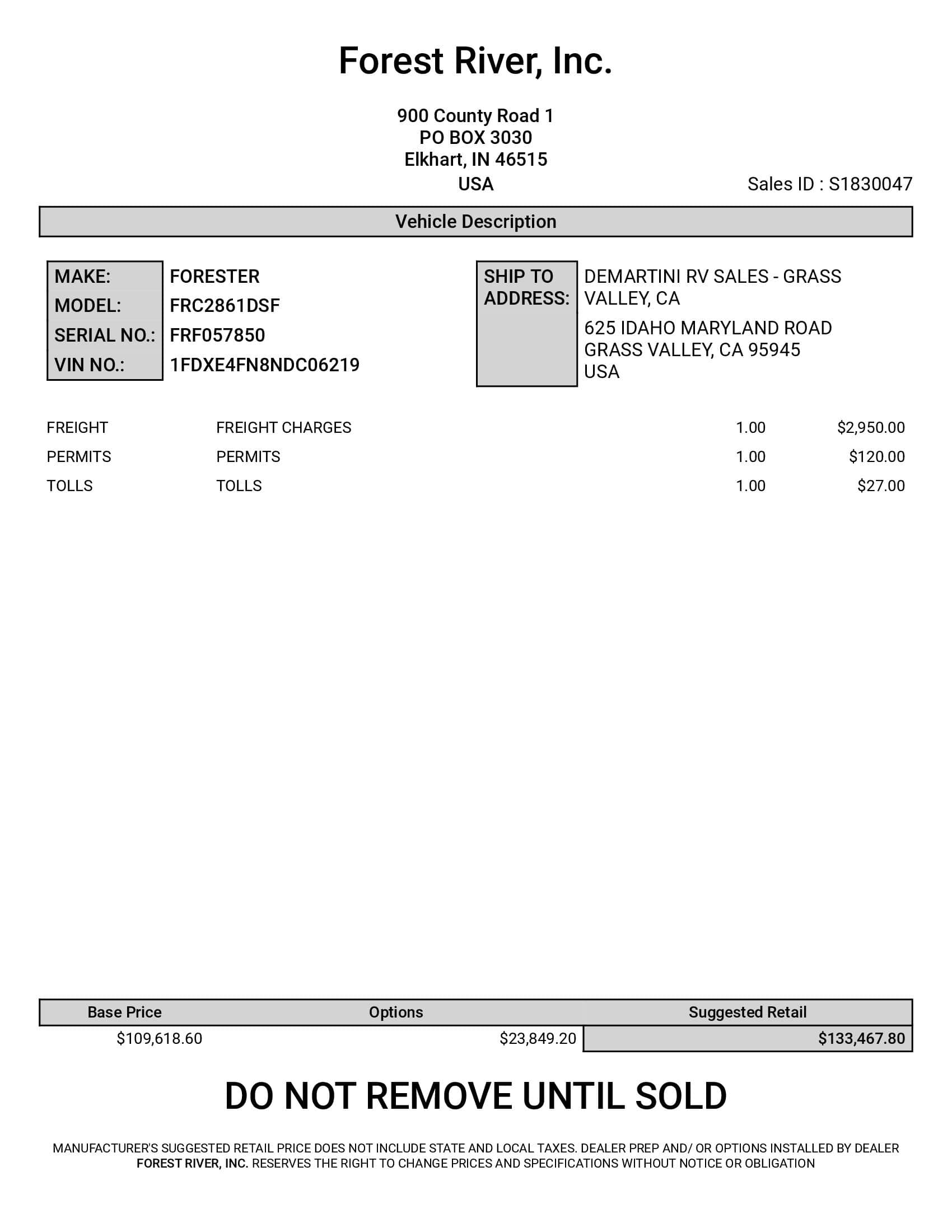 2022 Forest River Forester Classic 2861DS MSRP Sheet