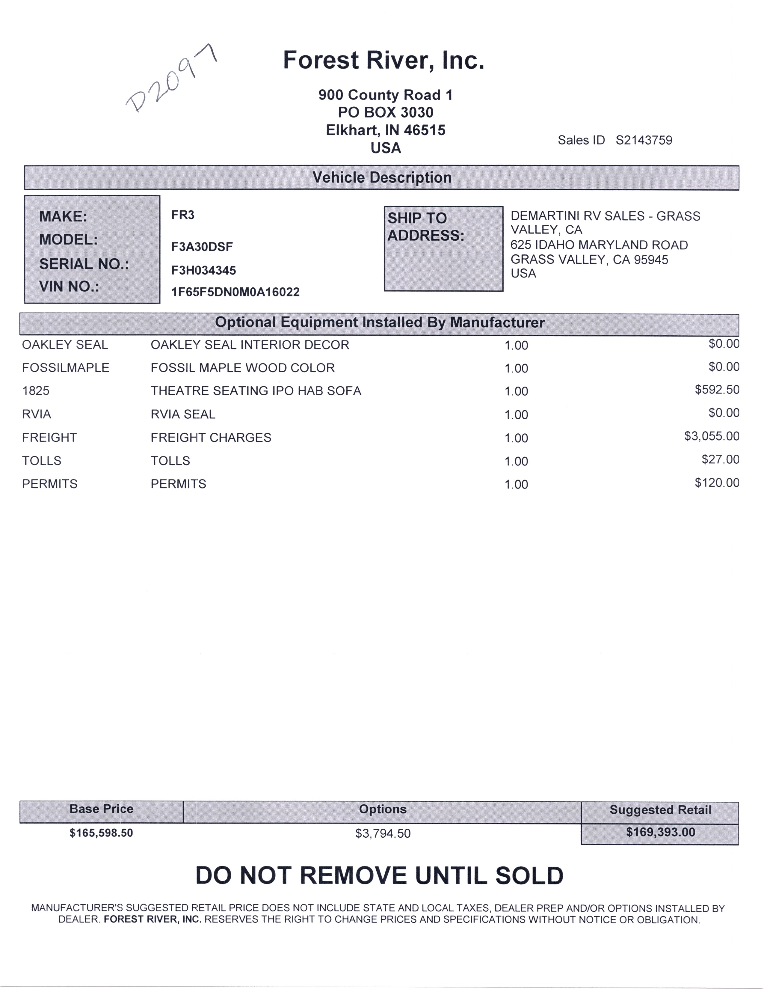 2022 Forest River FR3 30DS MSRP Sheet