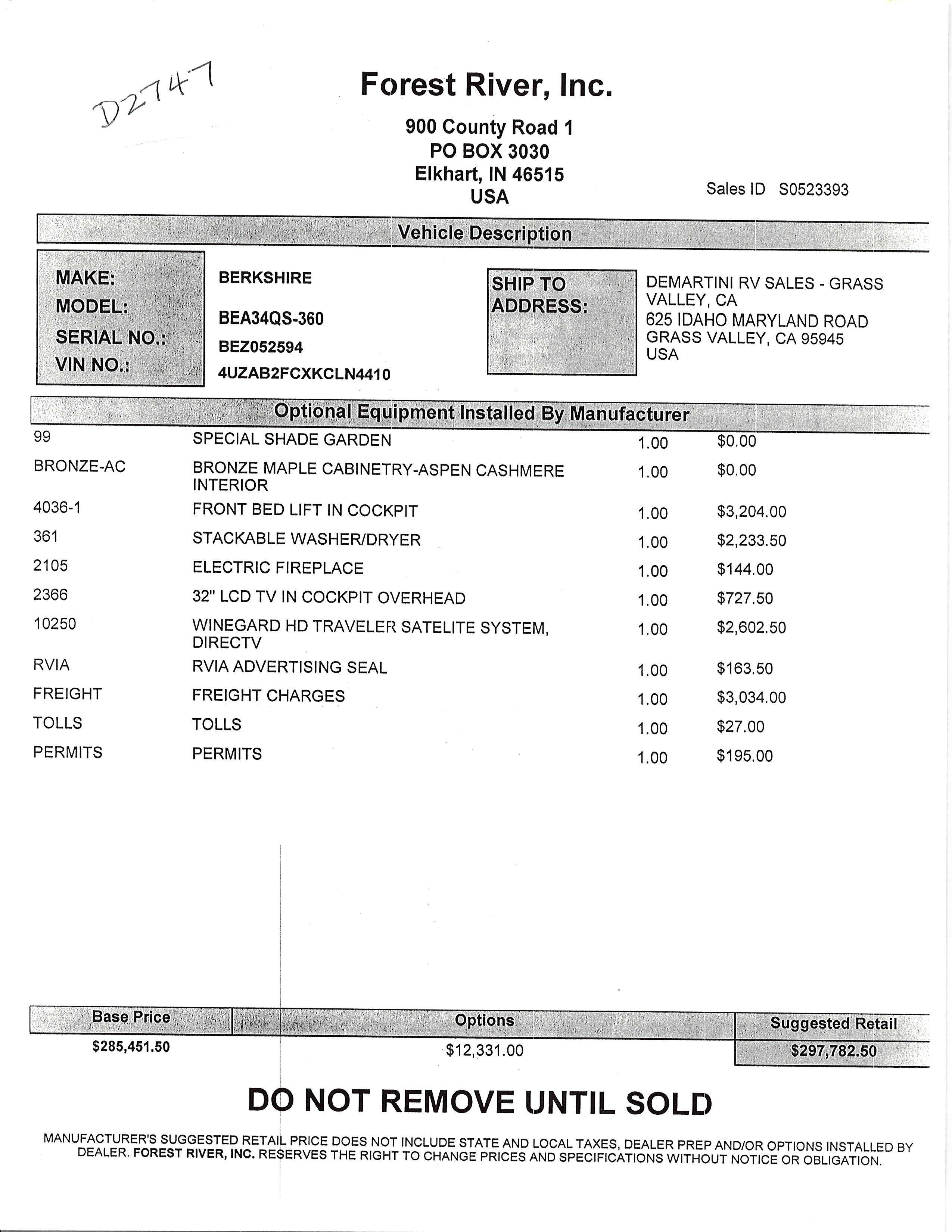 2019 Forest River Berkshire 34QS MSRP Sheet