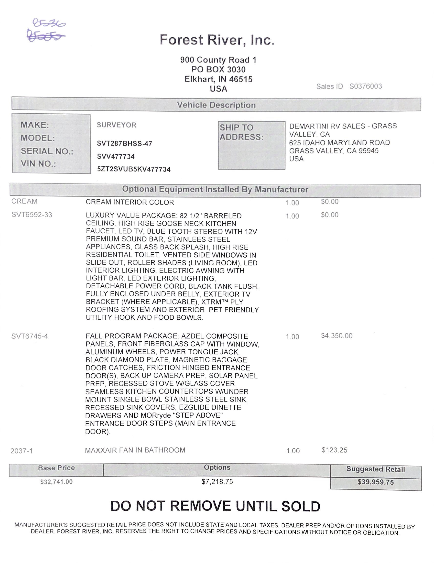 2019 Forest River Surveyor 287BH MSRP Sheet