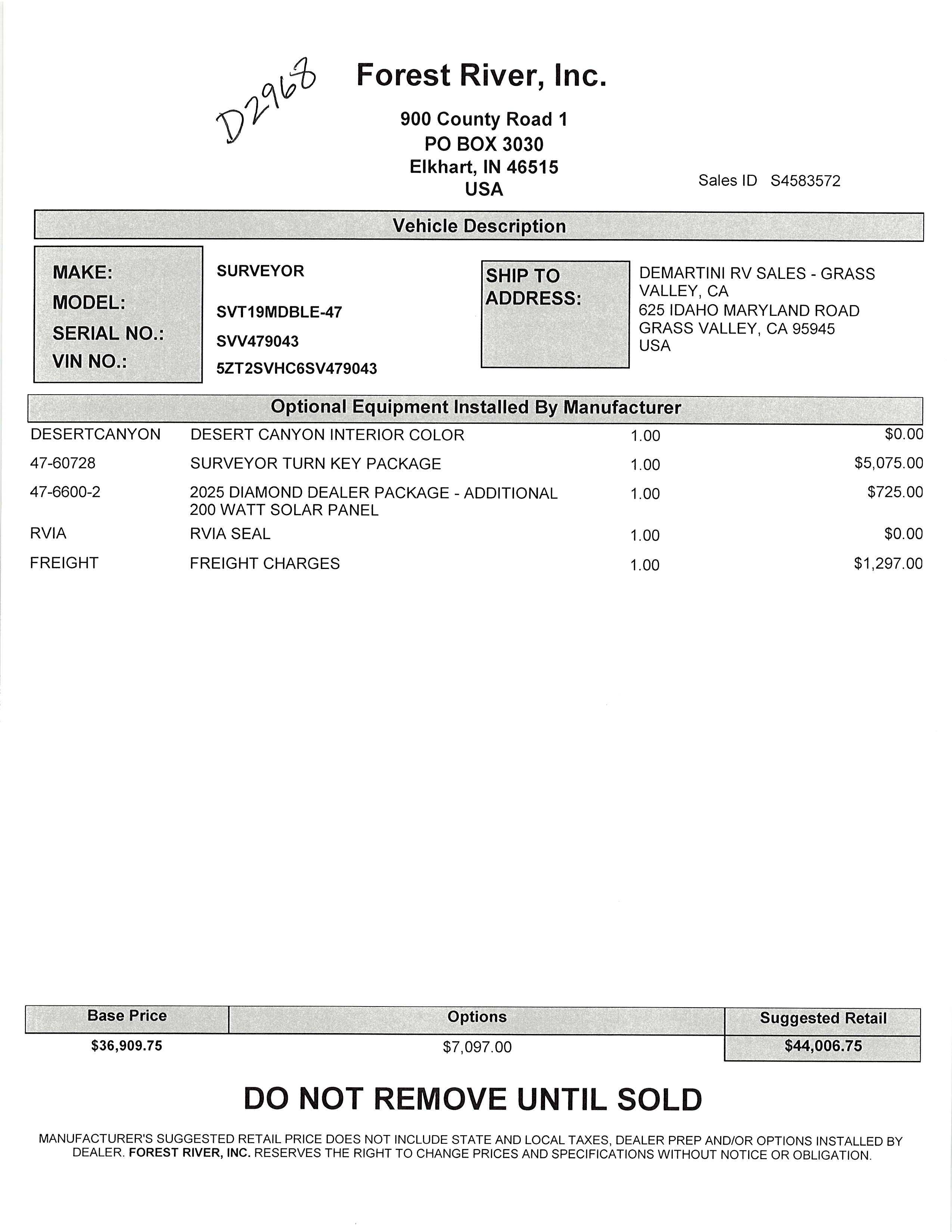 2025 Forest River Surveyor Legend 19MDBLE MSRP Sheet