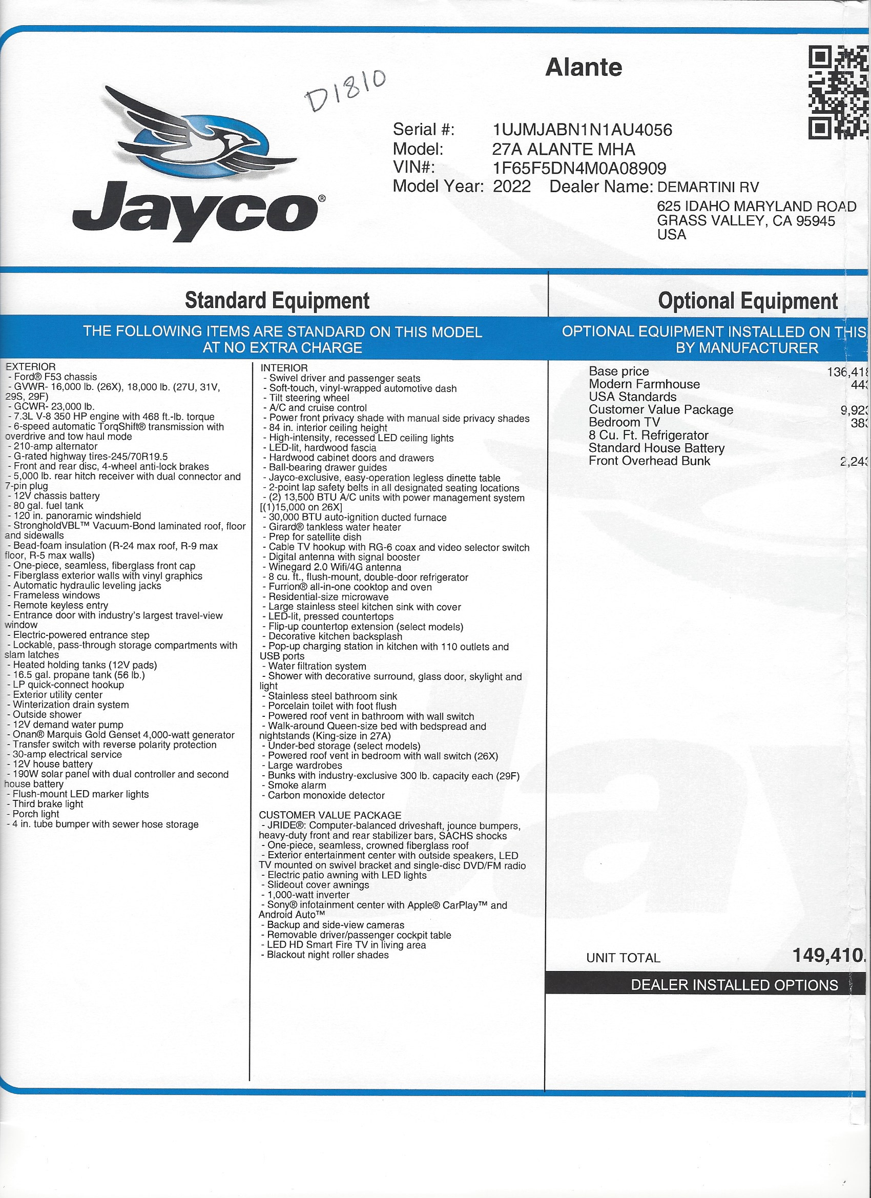 2022 Jayco Alante 27A MSRP Sheet
