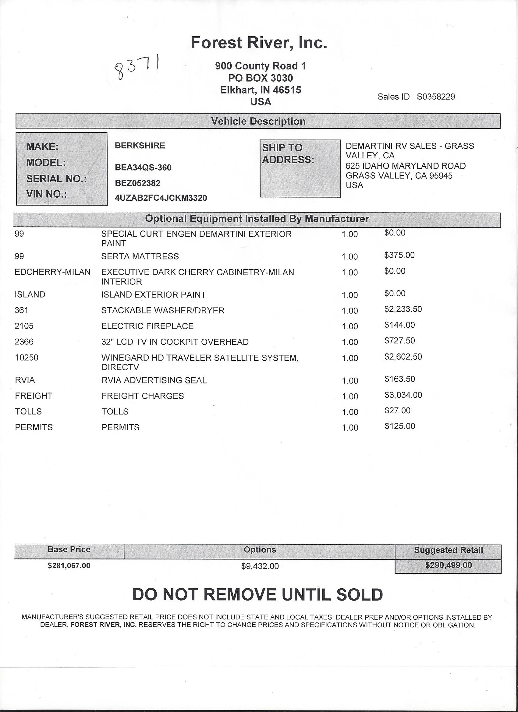 2019 Forest River Berkshire 34QS MSRP Sheet