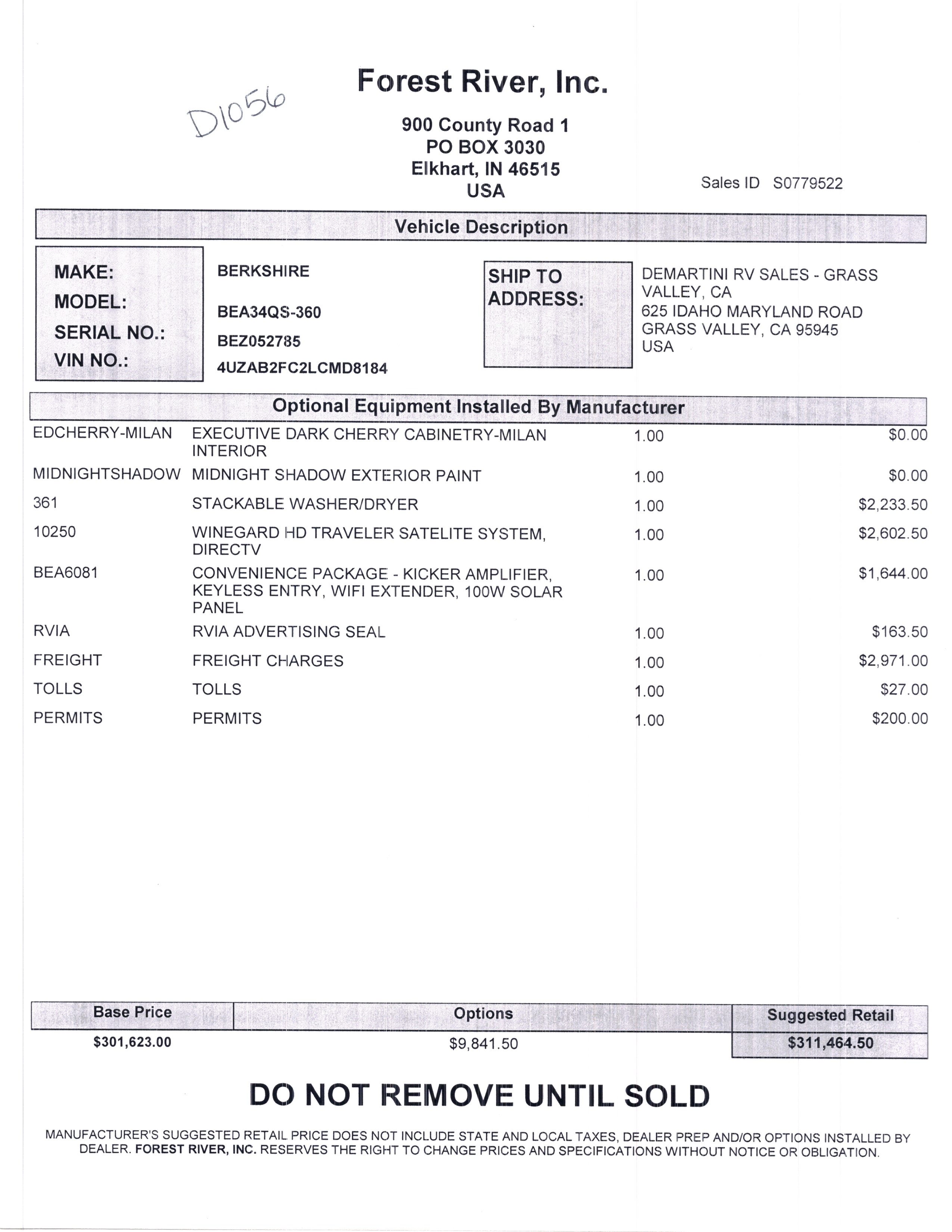 2020 Forest River Berkshire 34QS MSRP Sheet