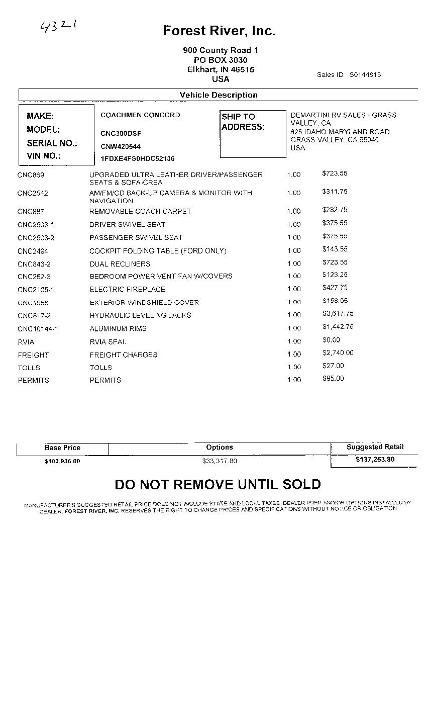 2018 Coachme Concord 300DS MSRP Sheet