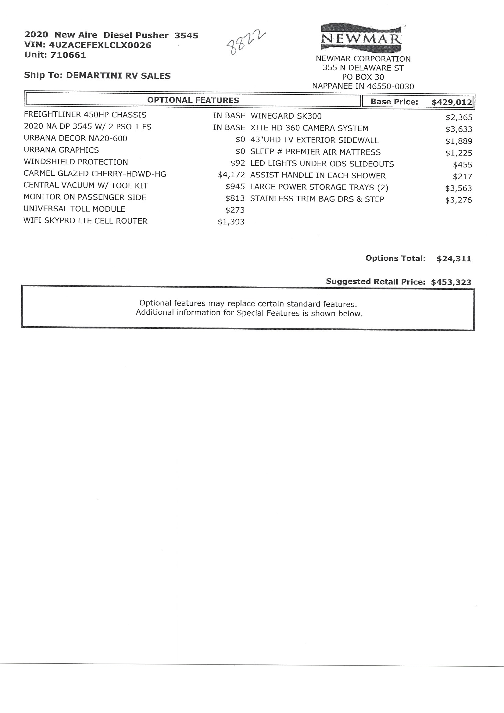 2020 Newmar New Aire 3545 MSRP Sheet