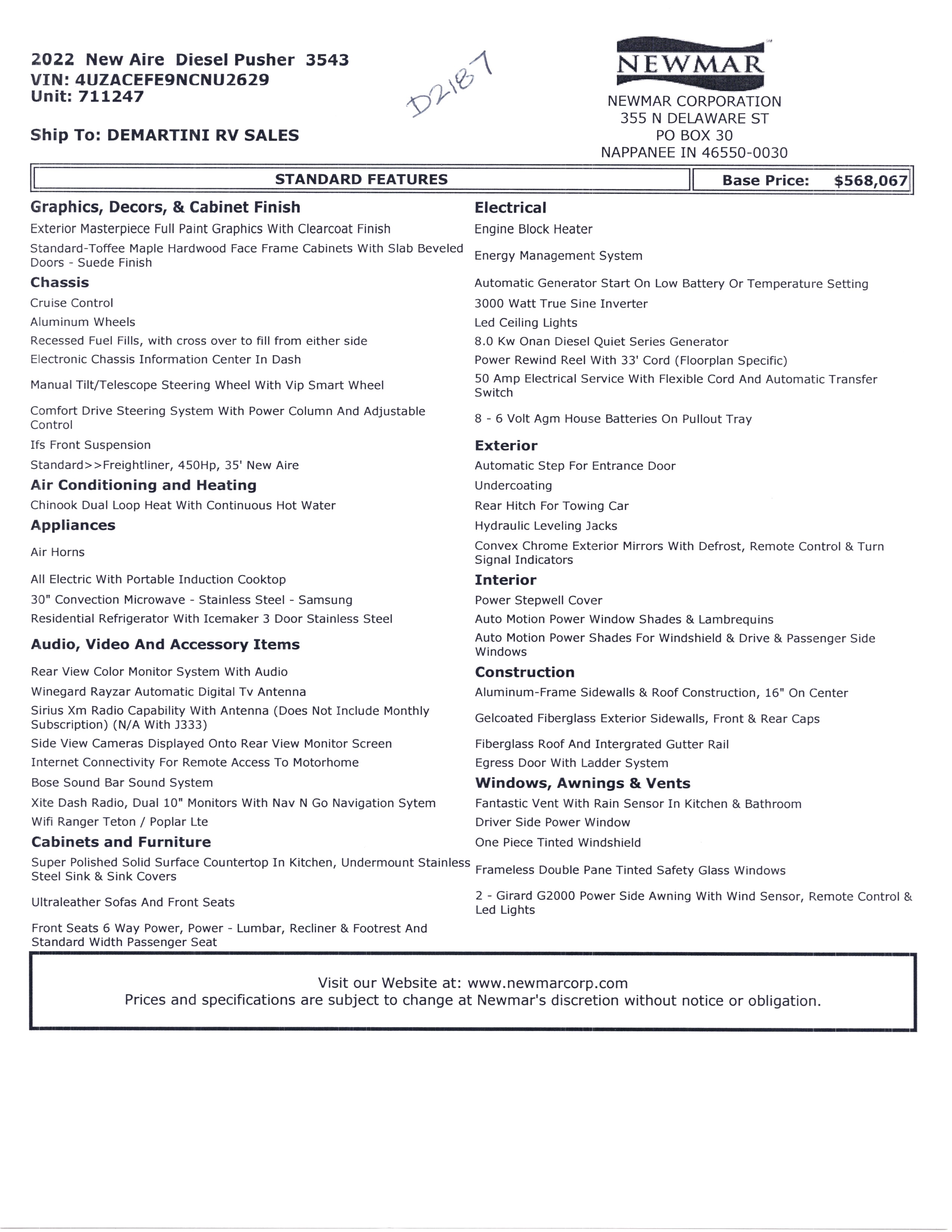 2022 Newmar New Aire 3543 MSRP Sheet