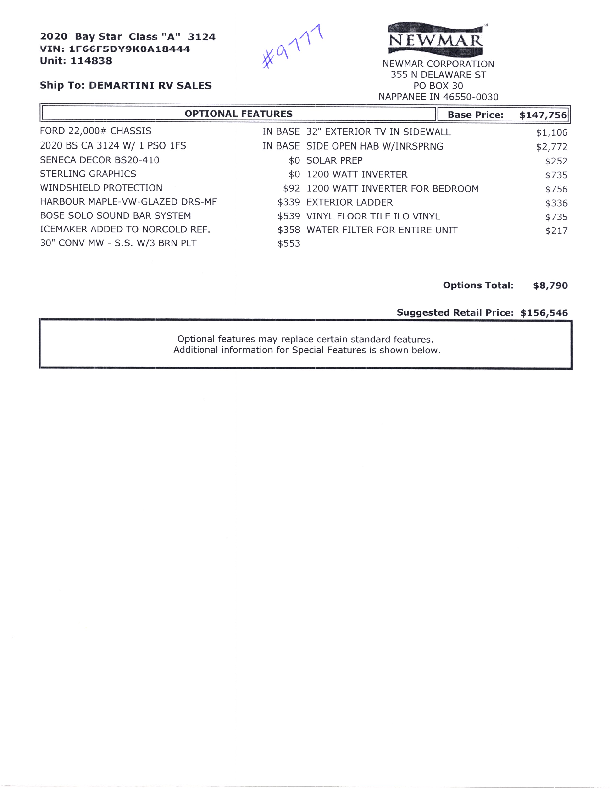 2020 Newmar Bay Star 3124 MSRP Sheet