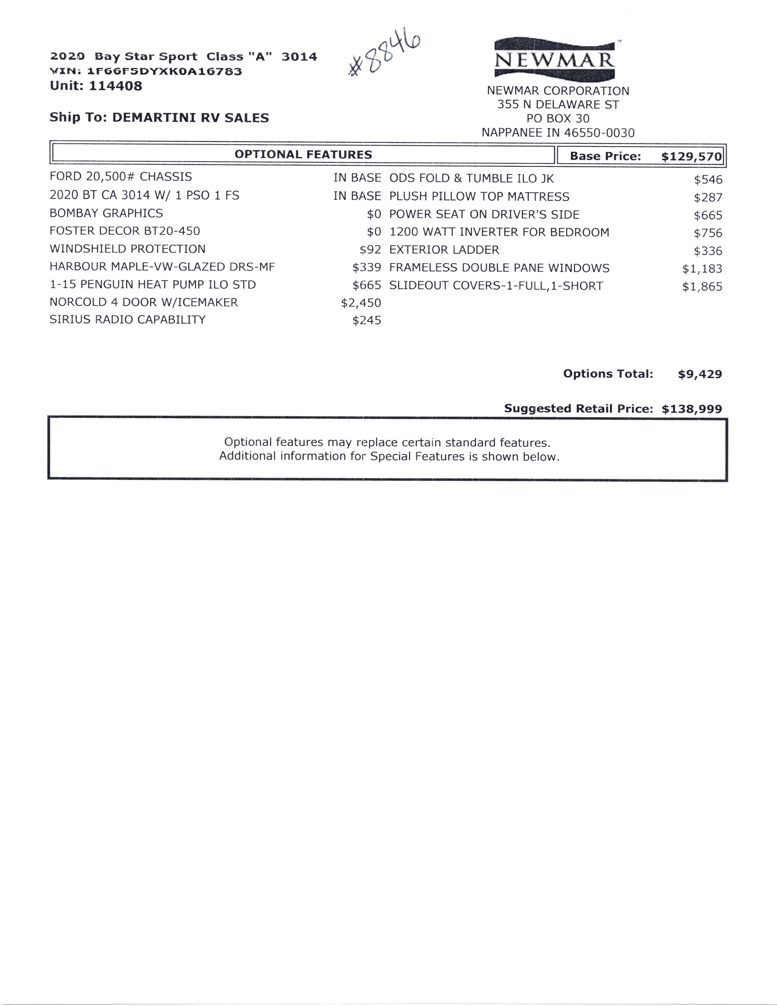 2020 Newmar Bay Star Sport 3014 MSRP Sheet