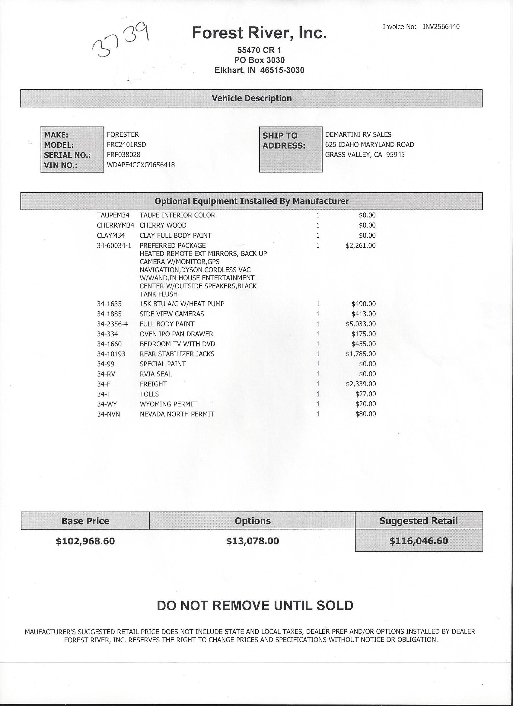 2017 Forest River Forester 2401R MSRP Sheet