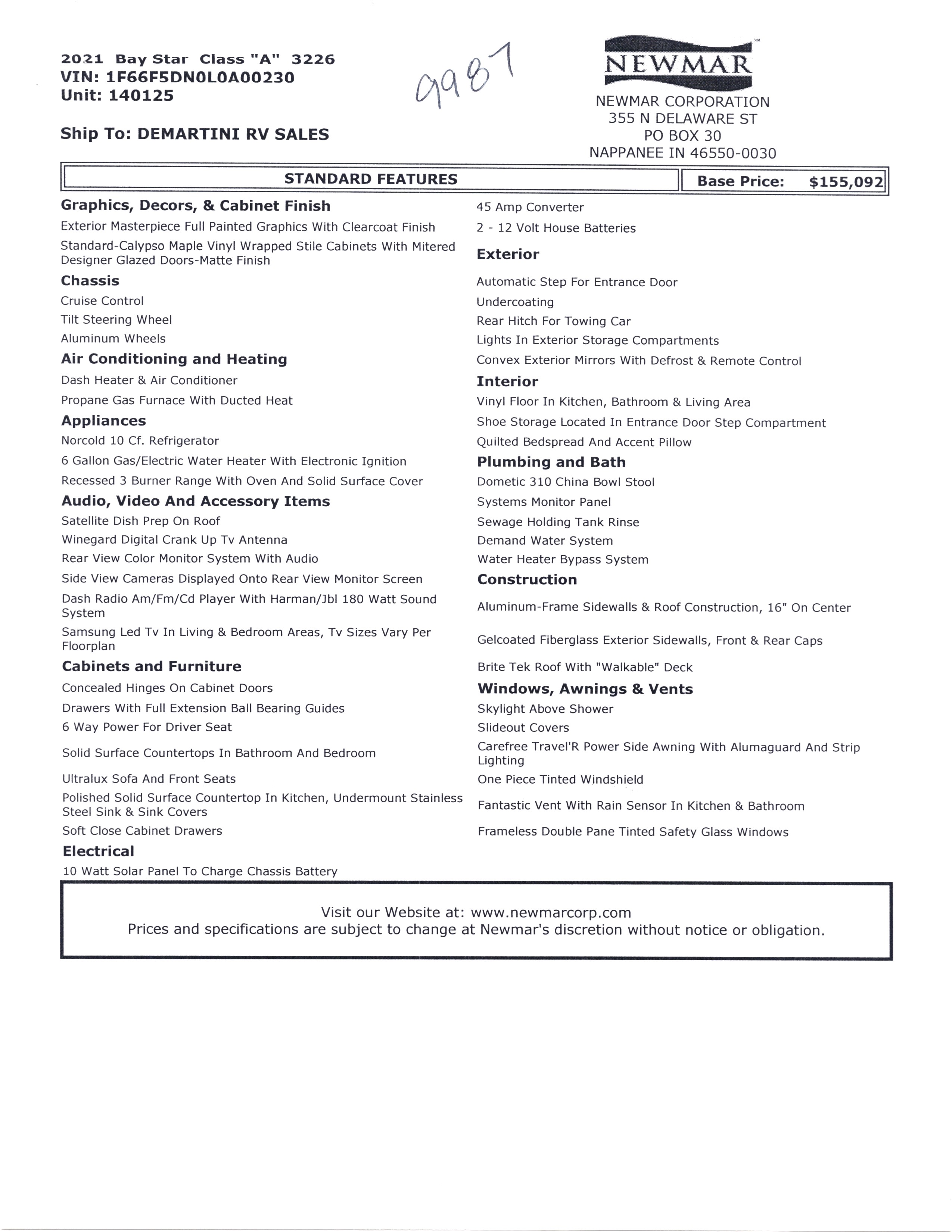 2021 Newmar Bay Star 3226 MSRP Sheet