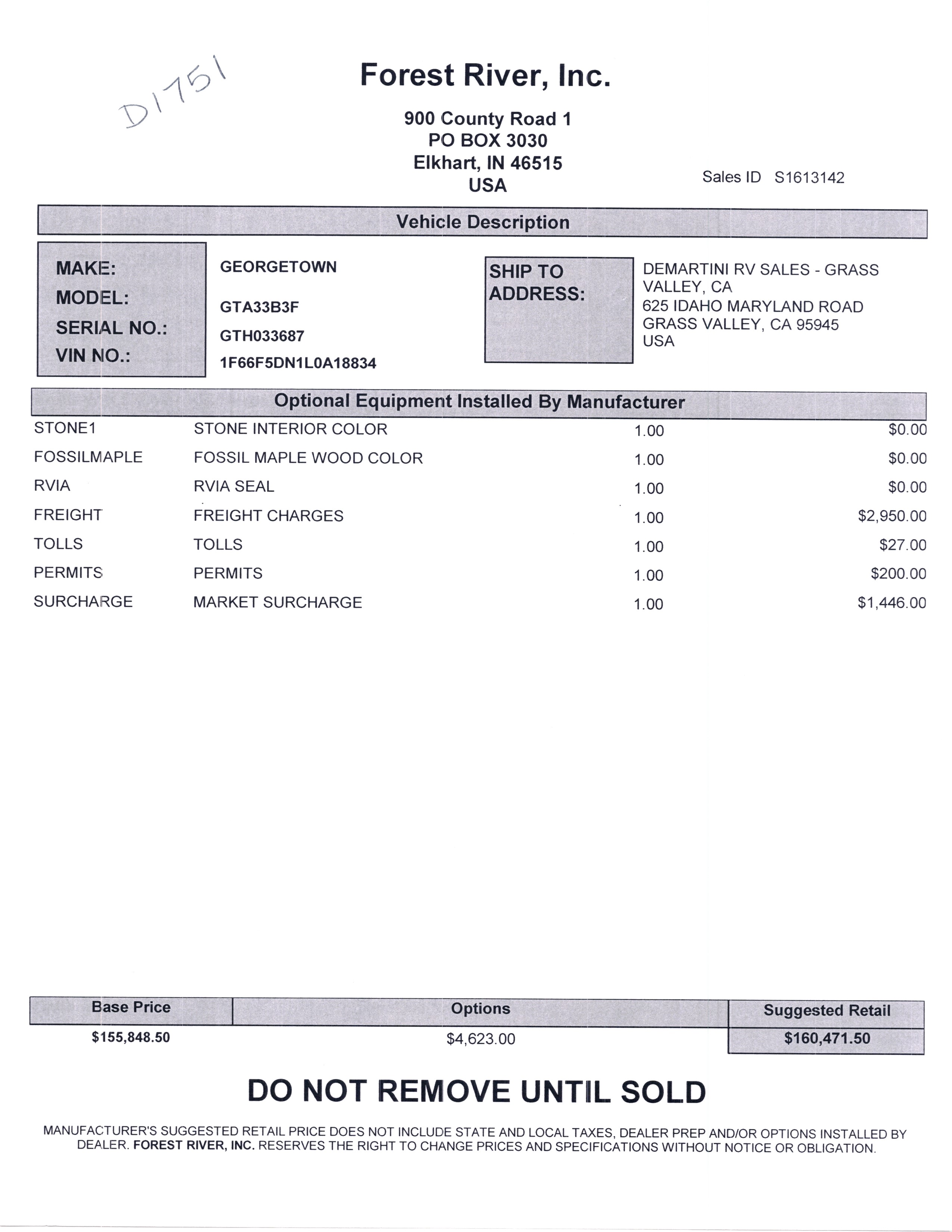 2021 Forest River Georgetown GT3 33B3 MSRP Sheet