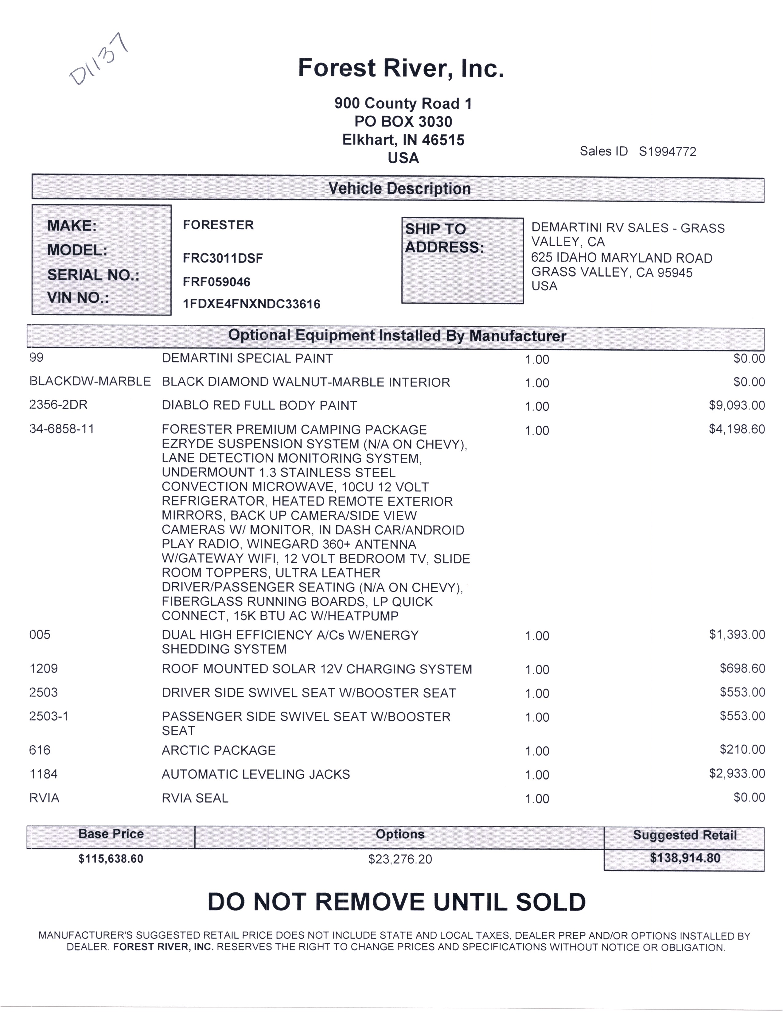 2022 Forest River Forester Classic 3011DS MSRP Sheet