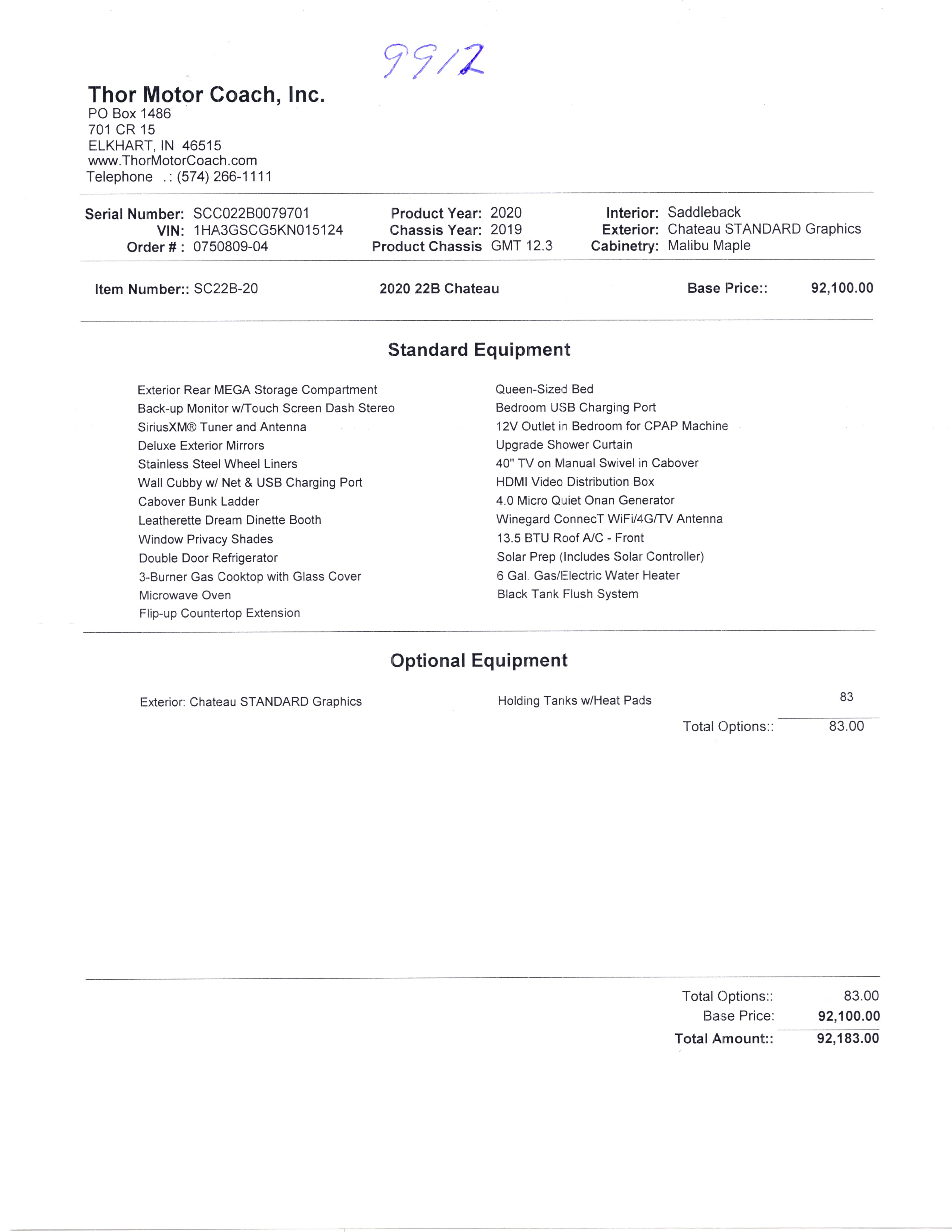 2020 Thor Chateau 22B MSRP Sheet