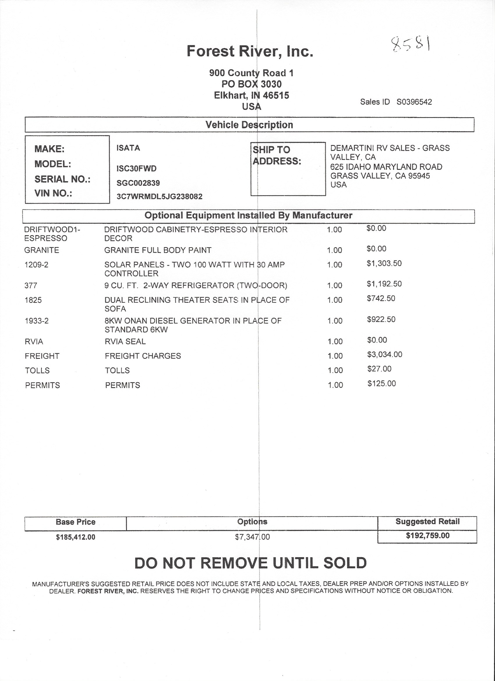 2019 Dynamax Isata 5 30FW MSRP Sheet