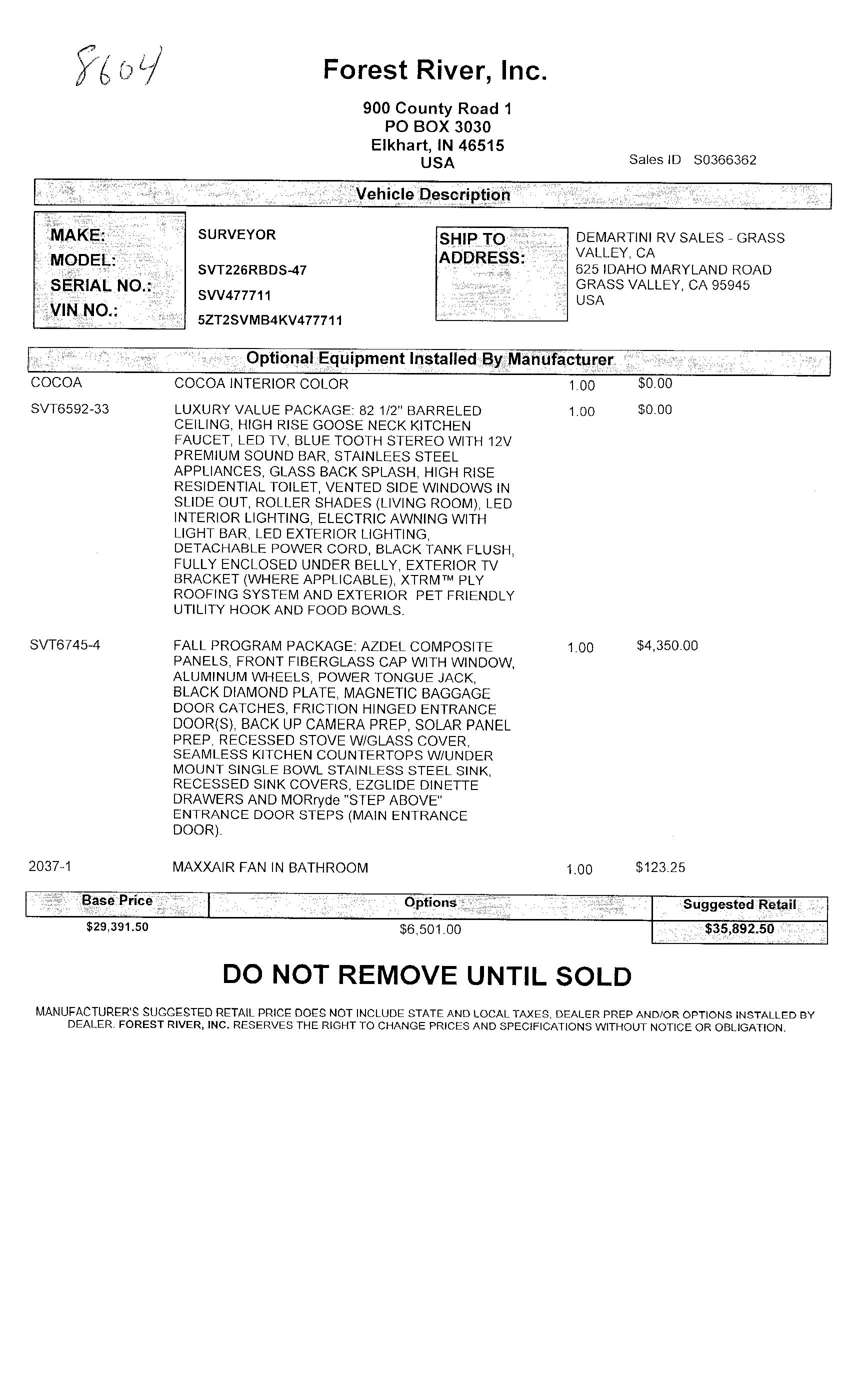 2019 Forest River Surveyor Luxury 226RBDS MSRP Sheet