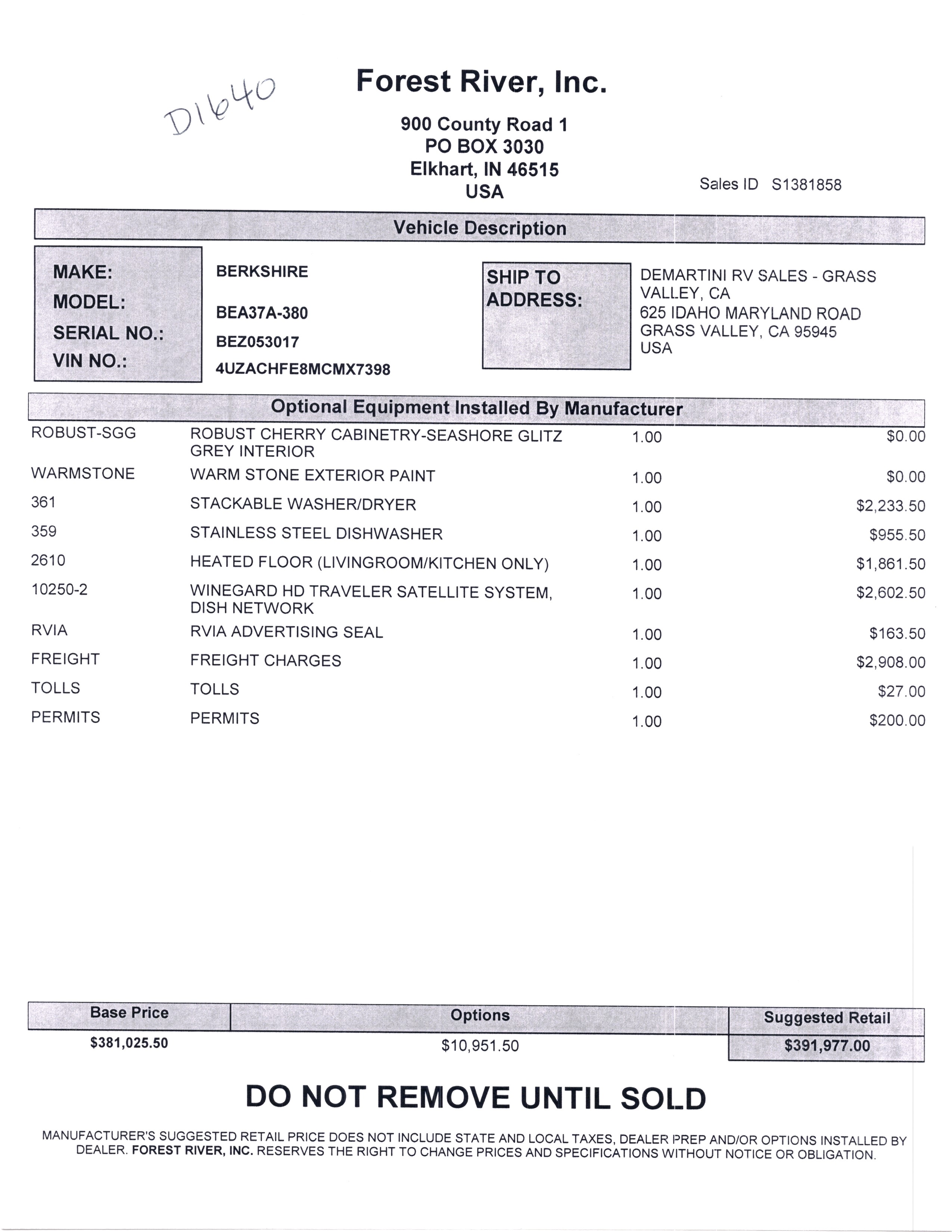 2021 Forest River Berkshire XL 37A MSRP Sheet