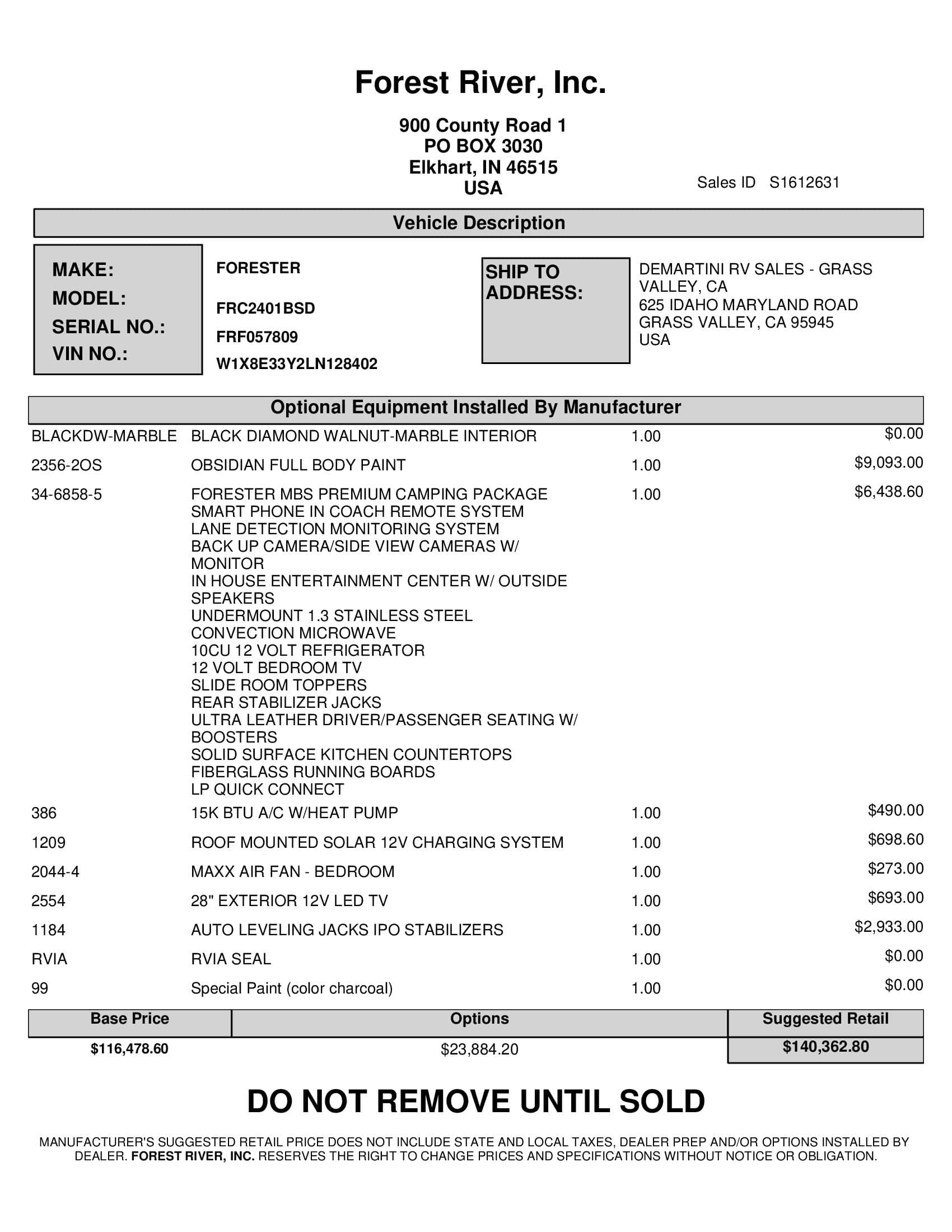 2021 Forest River Forester MBS 2401B MSRP Sheet