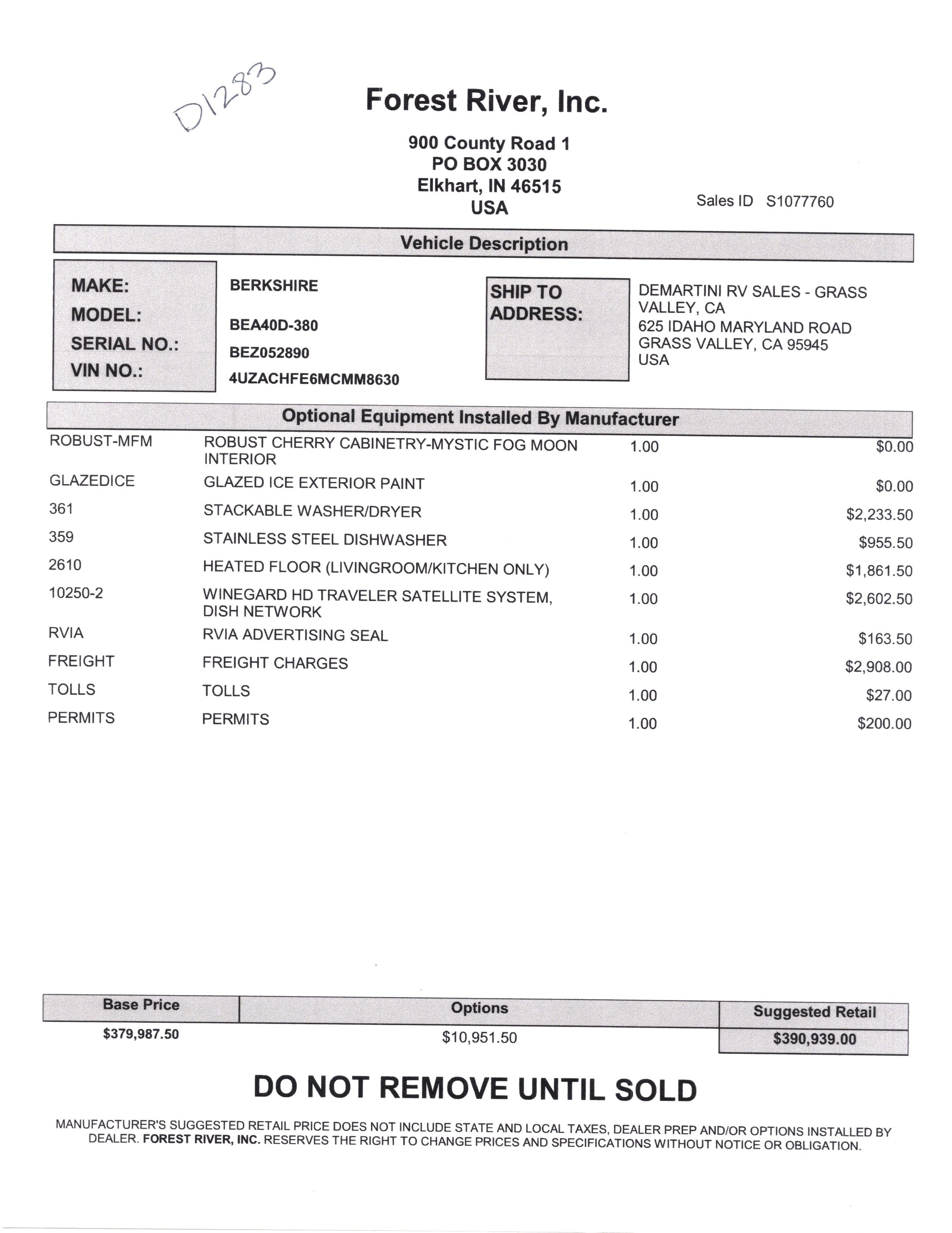 2021.5 Forest River Berkshire XL 40D MSRP Sheet