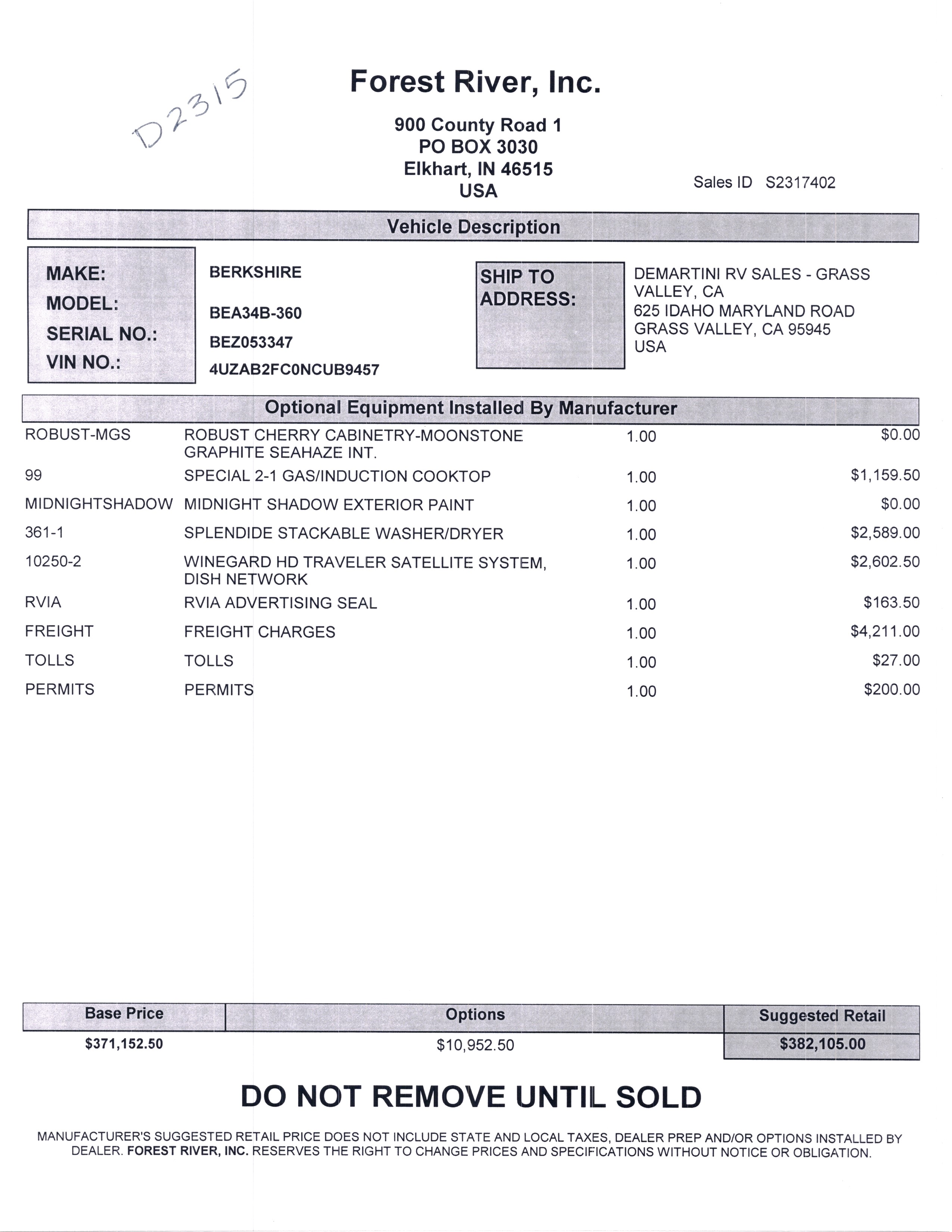 2022 Forest River Berkshire 34B MSRP Sheet