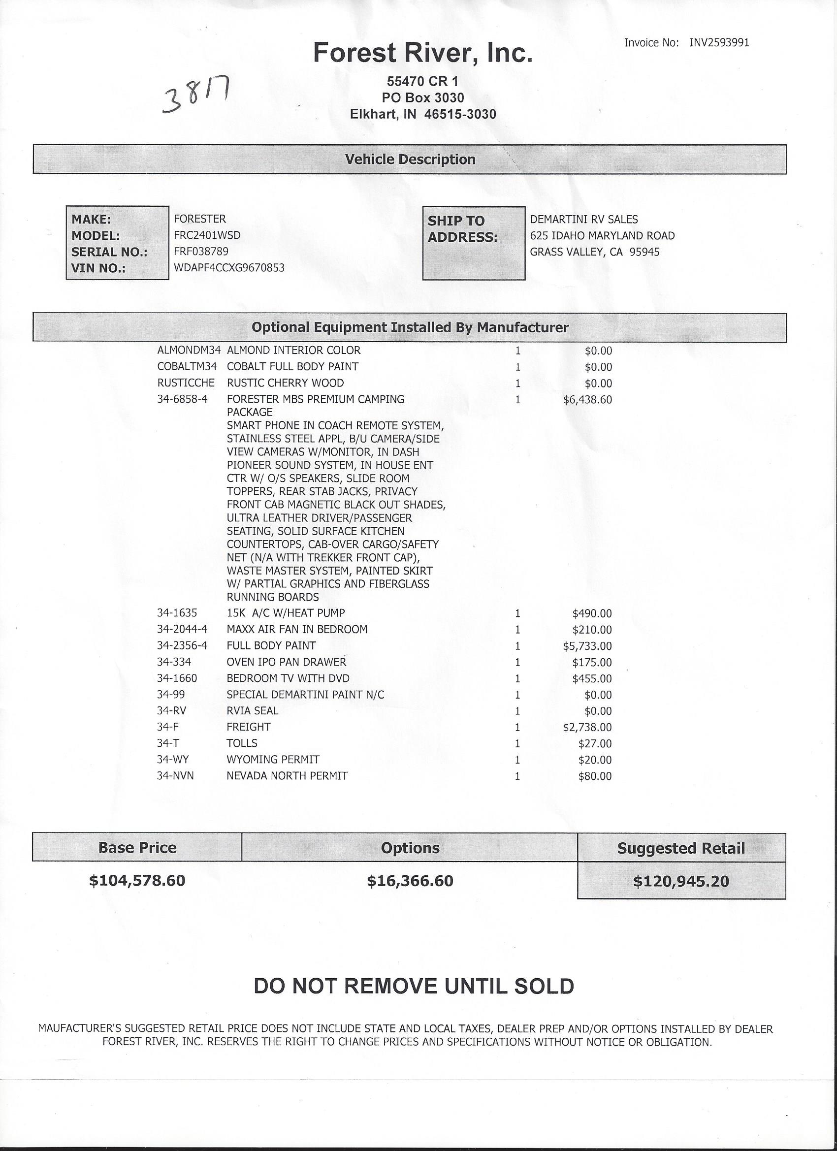 2017 Forest River Forester MBS 2401W MSRP Sheet