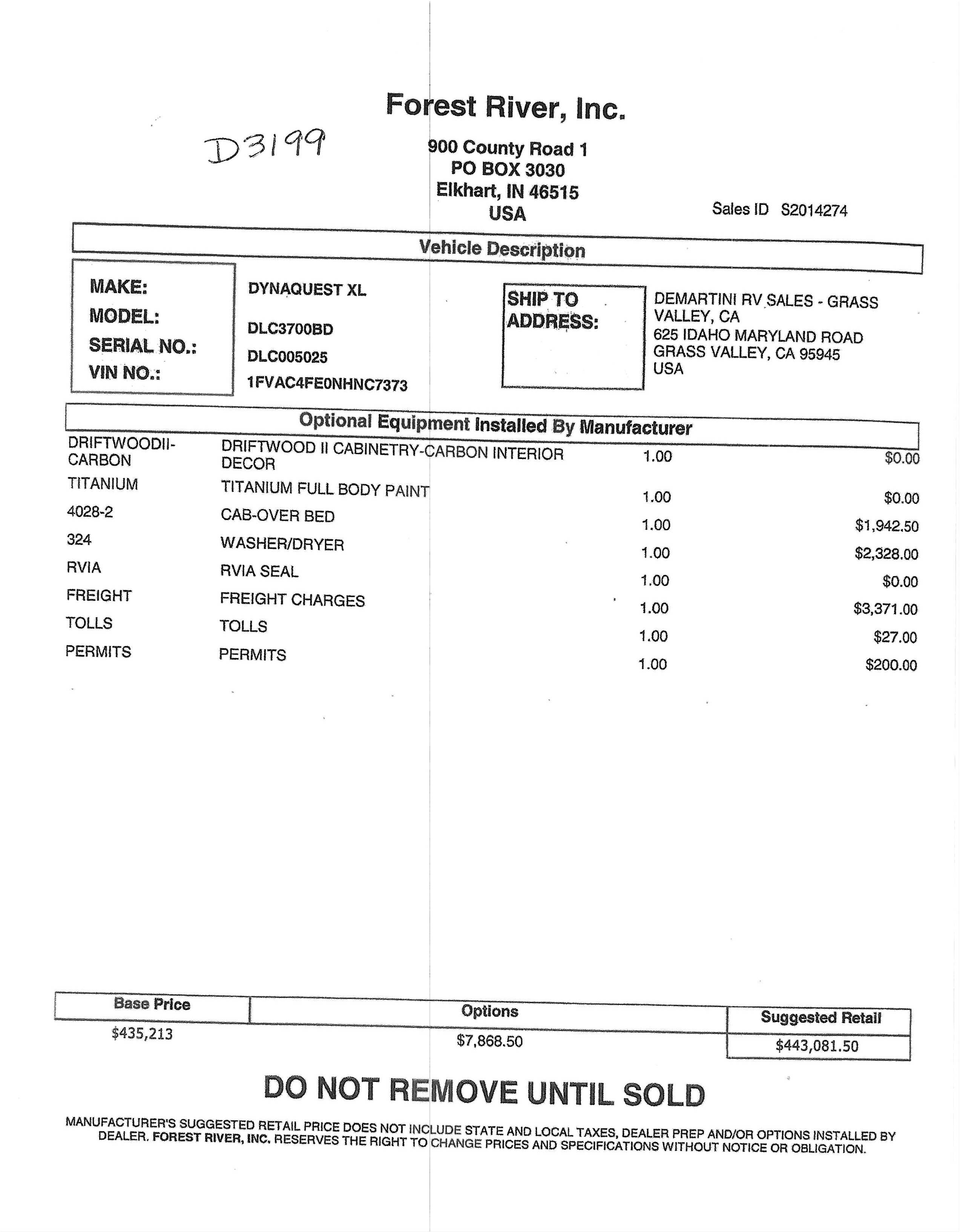 2022 Dynamax Dynaquest XL 3700BD MSRP Sheet