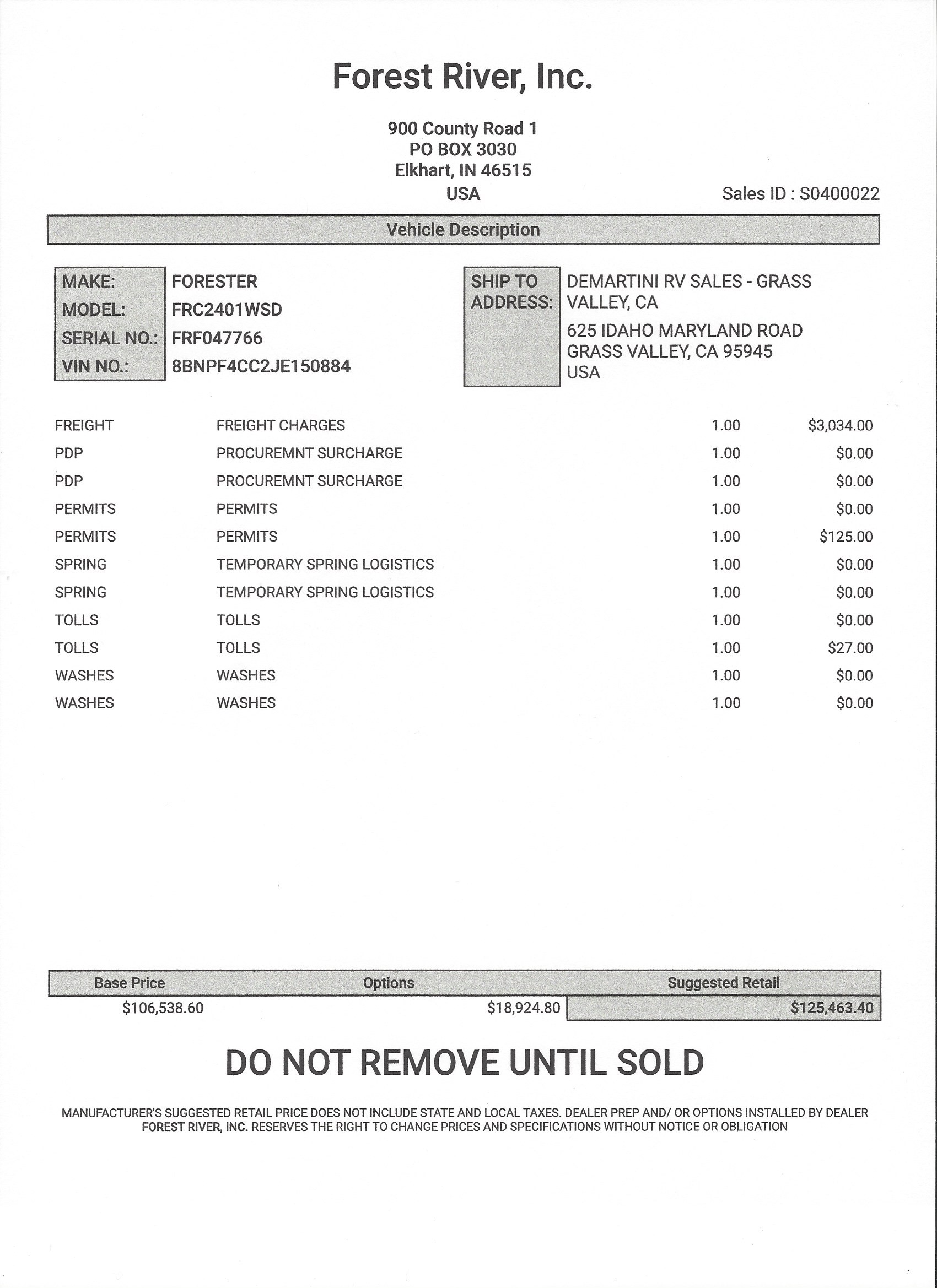 2019 Forest River Forester MBS 2401W MSRP Sheet