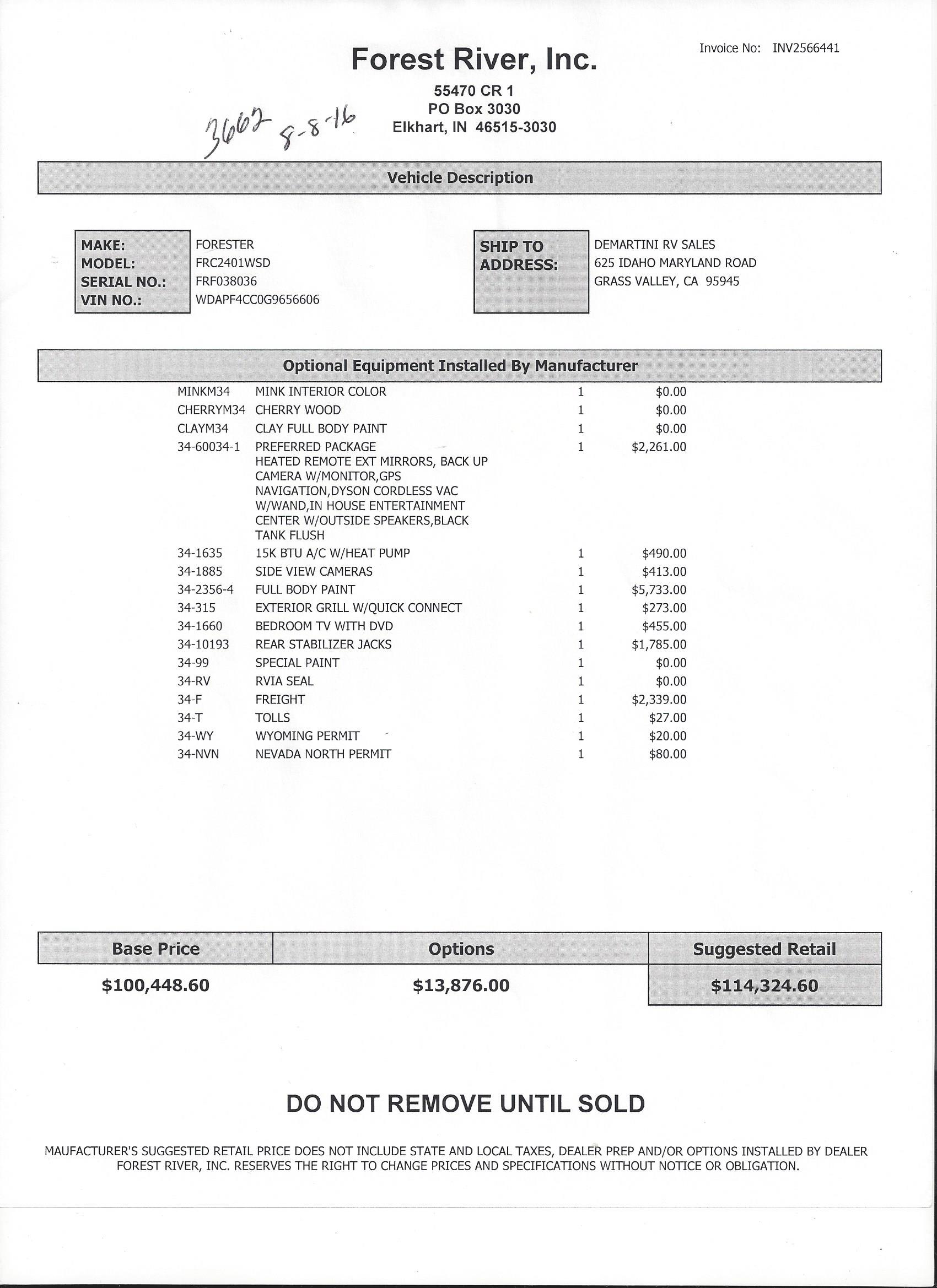 2017 Forest River Forester MBS 2401W MSRP Sheet