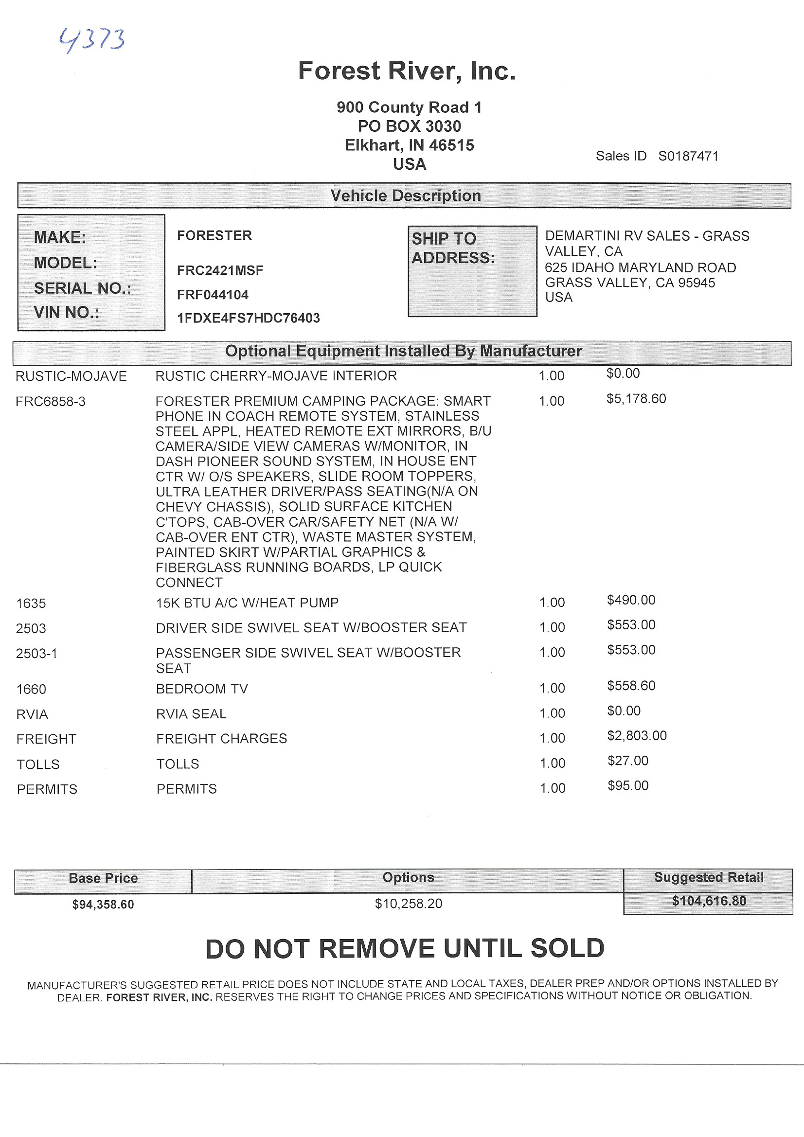 2018 Forest River Forester 2421MS MSRP Sheet