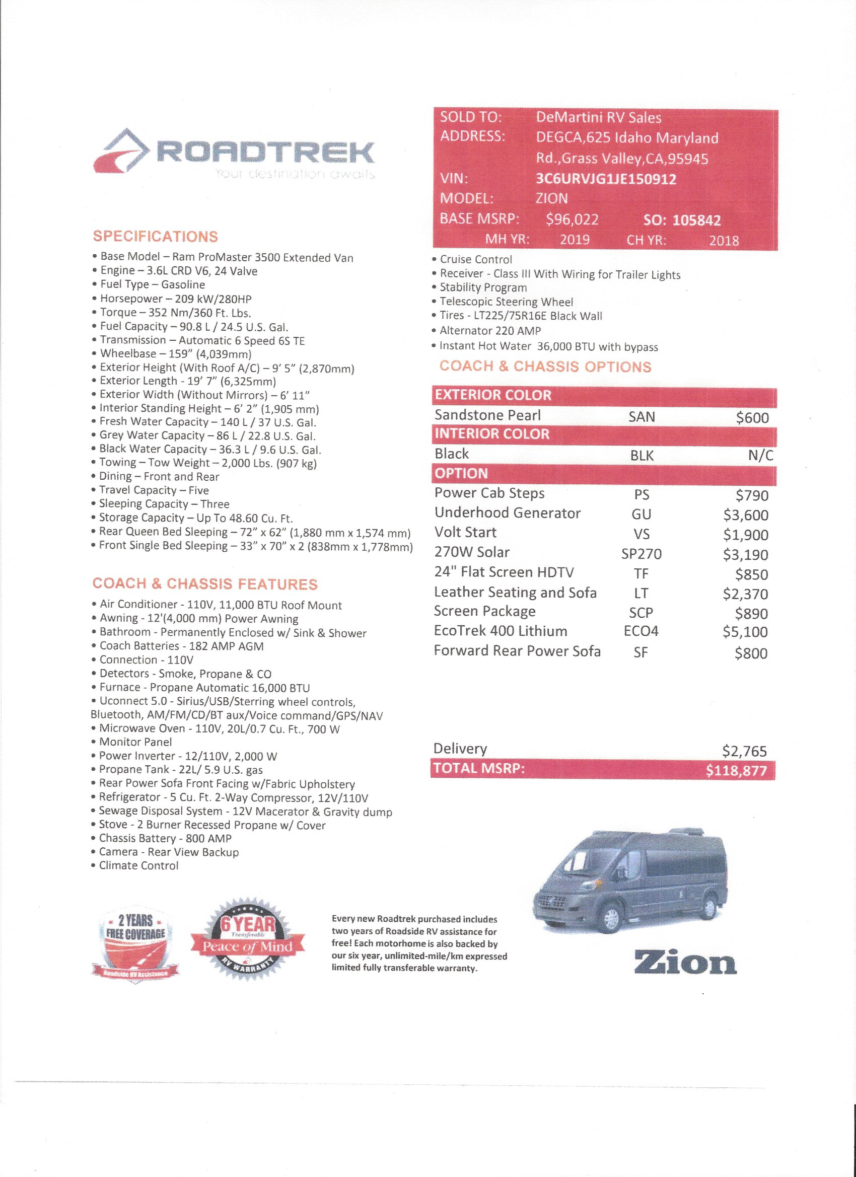 2019 Roadtrek Zion MSRP Sheet