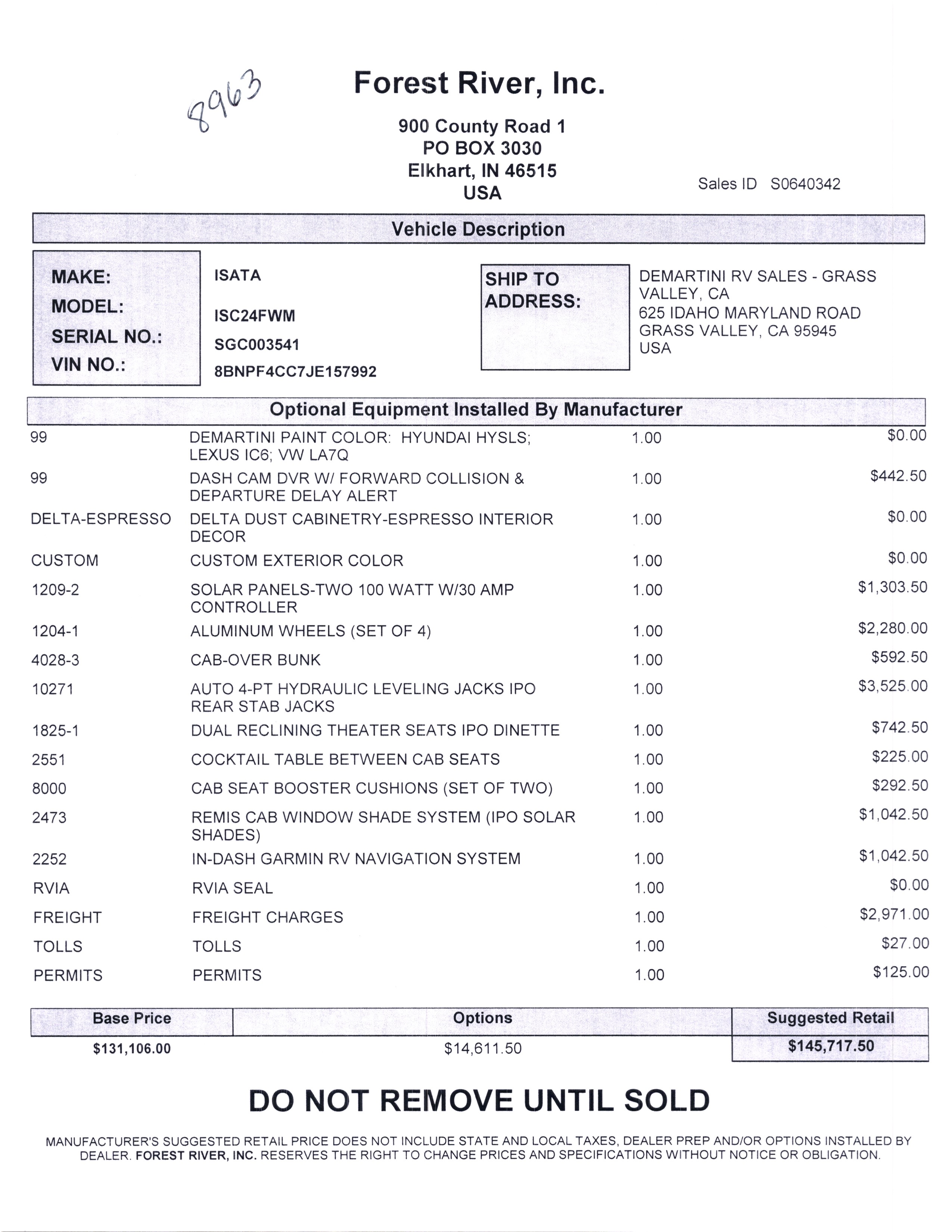 2020 Dynamax Isata 3 24FW MSRP Sheet